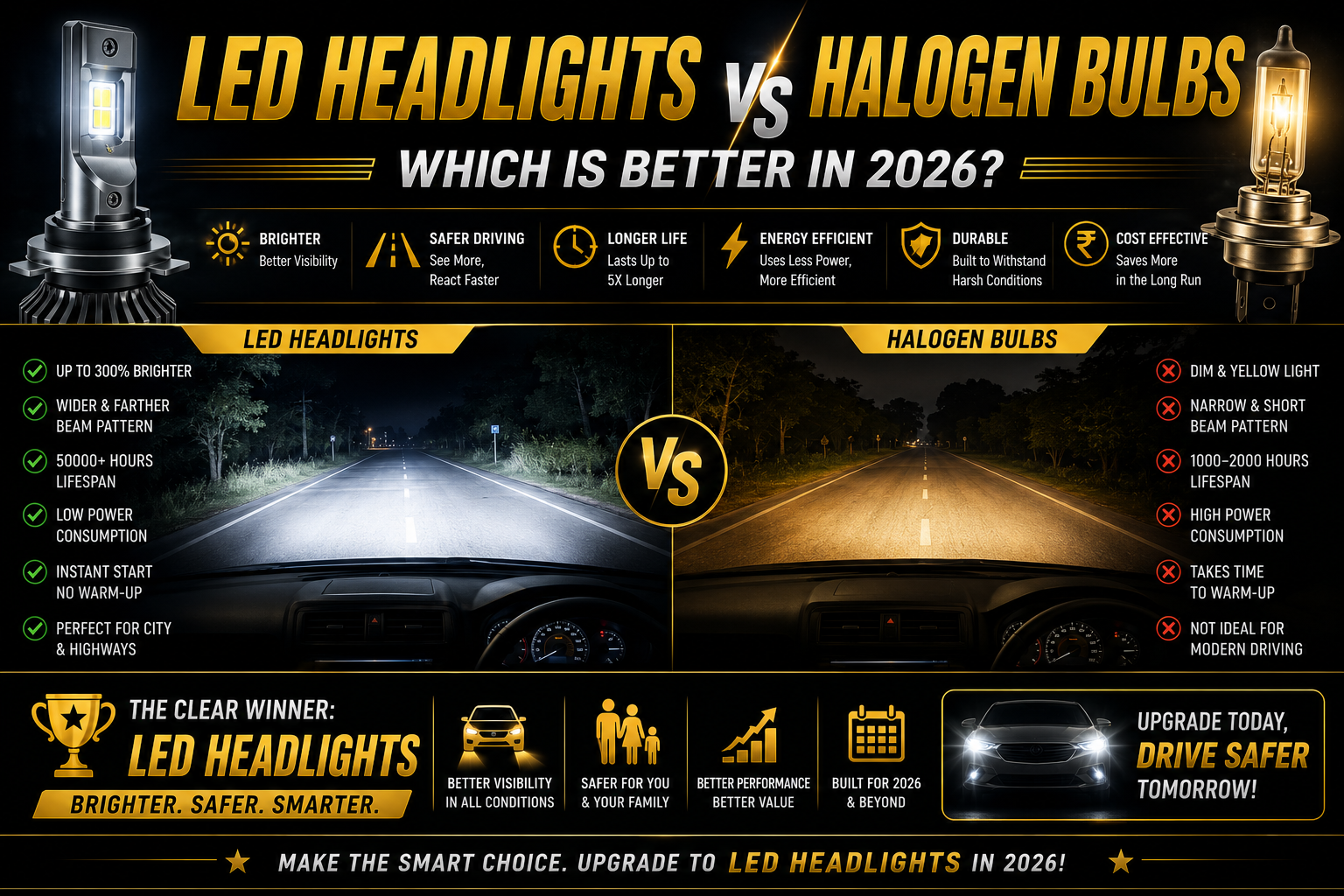 LED Headlights vs Halogen Bulbs: Which Is Better in 2026?