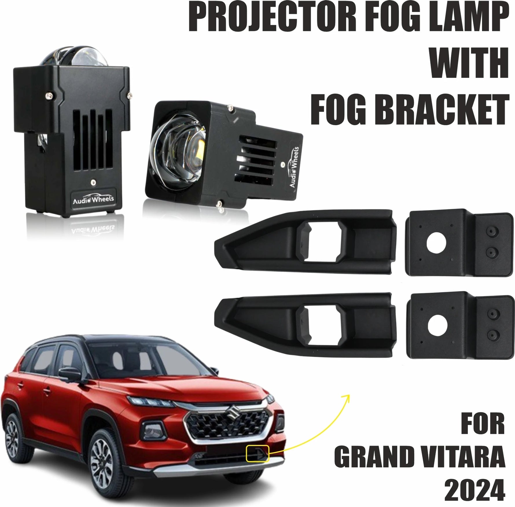 Audio Wheels LED Projector Fog Lamp for Maruti Suzuki Grand Vitara 2024, 2 Inch 120W 15000LM 6000K White Fog Light with Bracket, HD Glass Lens, 9-16V