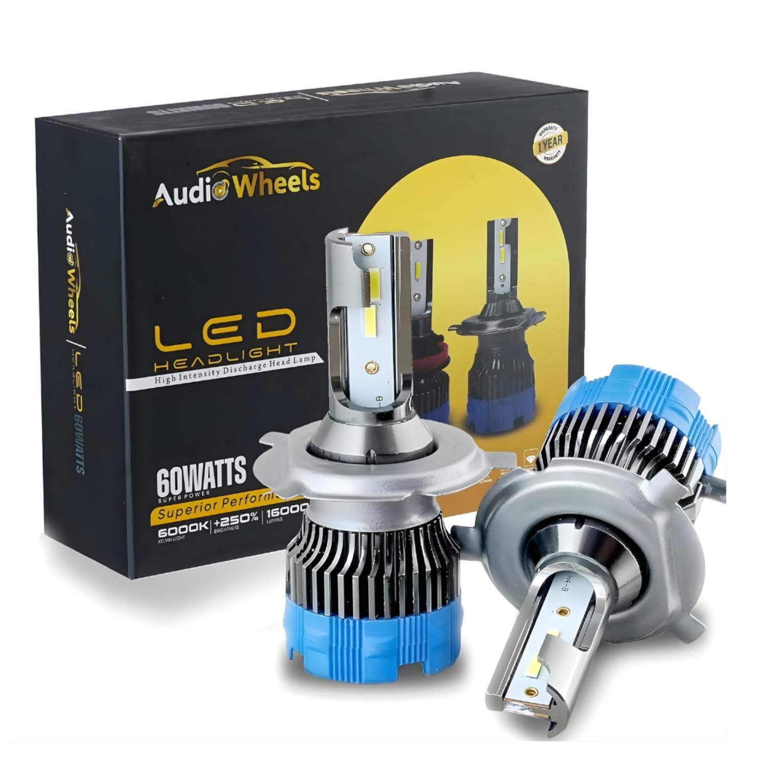 Audio Wheels H4/H19 60W LED Headlight Bulb for Car  6000K Cool White Projector - Compatible Upgrade  Night Eye Style Plug & Play LED Bulb