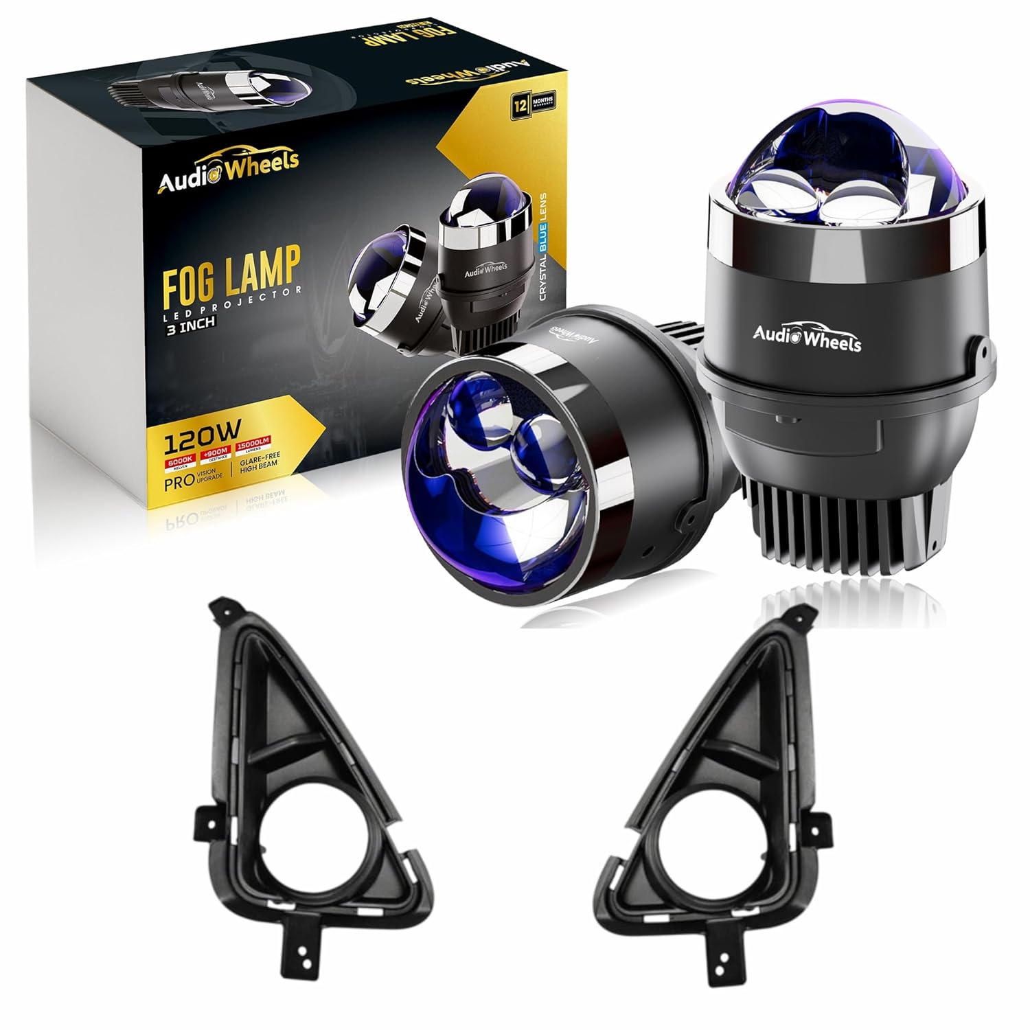 Audio Wheels 3 Inch LED Projector Fog Lamp with Cover 120W, Tri-Color (White/Warm/Yellow) | Dual Beam | with Blue Tint Film | 12V/24V Fog Light for Car & Vehicle Modification | For Hyundai I 20 (2020).