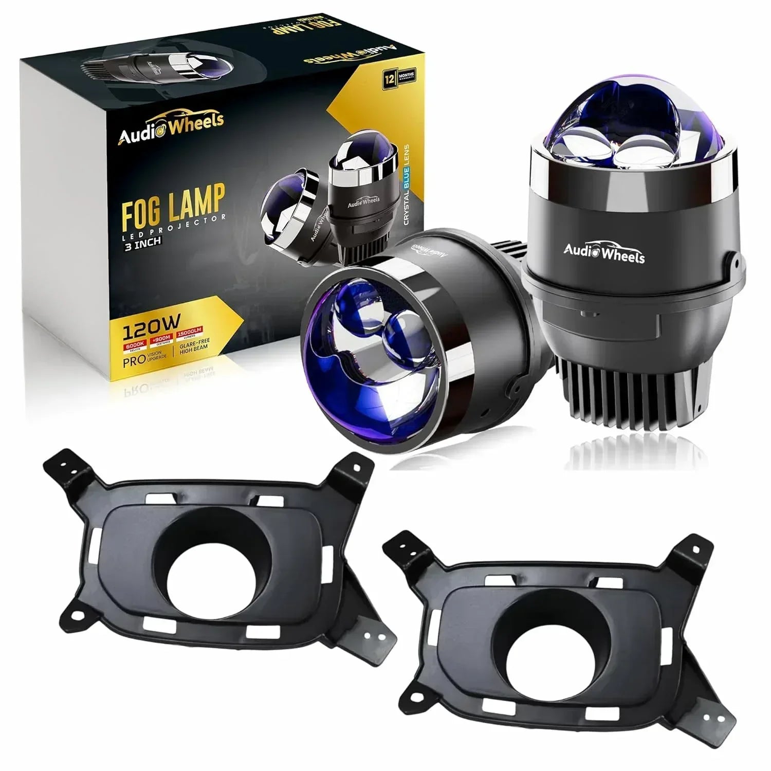 Audio Wheels 3" LED Projector Fog Lamp with Cover - 120W, Dual Beam | with Blue Tint Film | 12V/24V Fog Light for Car & Vehicle Modification | For Kia Old Seltos