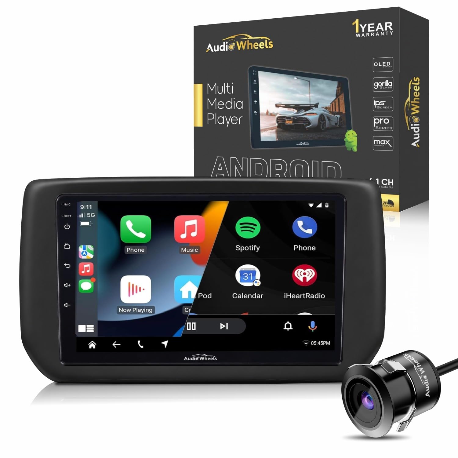 Audio Wheels Swift Dzire 2024 9-inch 1280P IPS Auto Android Car Display with Gorilla Glass | Double Din Car Stereo | Android 13 | 2GB/32GB Multimedia Player + AHD Camera, Dashboard Frame & Socket