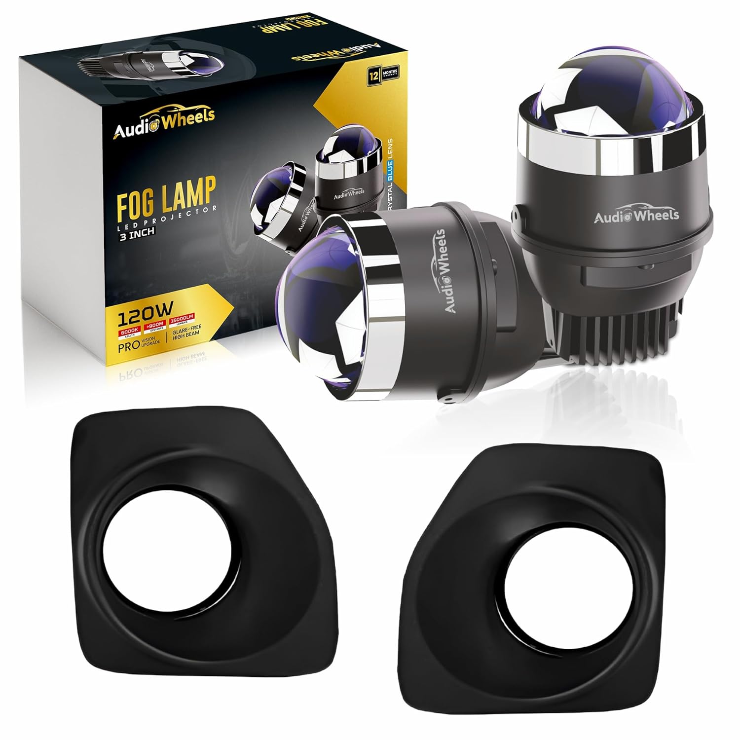 Audio Wheels 3 Inch LED Projector Fog Lamp with Cover - 120W, Tri-Color (White Warm Yellow)  with Blue Tint Film  12V/24V Fog Light for Car & Vehicle Modification  For Maruti Suzuki Ignis 2022.