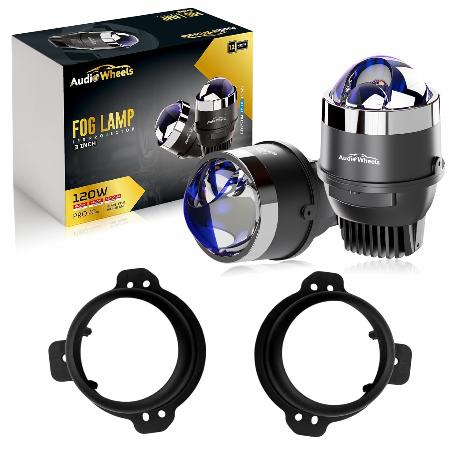 Audio Wheels 3 Inch LED Projector Fog Lamp with Cover - 120W, 6000K White | Single-Beam | with Blue Tint Film | 12V/24V Fog Light for Car & Vehicle Modification | For Thar 2020