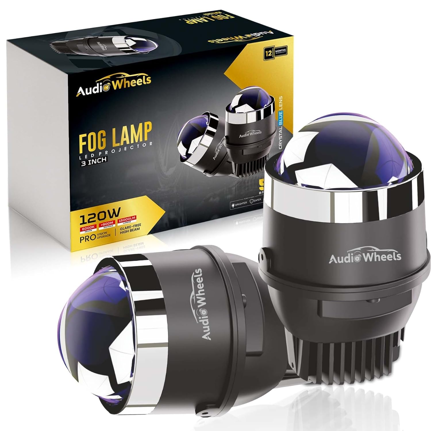 Audio Wheels 3 Inch Universal Projector Fog Lamp - 120W Tri-Color (White-6000K/Warm-4500K/Yellow-3000K) | 15000LM | LED Projector Fog Light with Blue Film | 12V/24V Car Lamp for Modification
