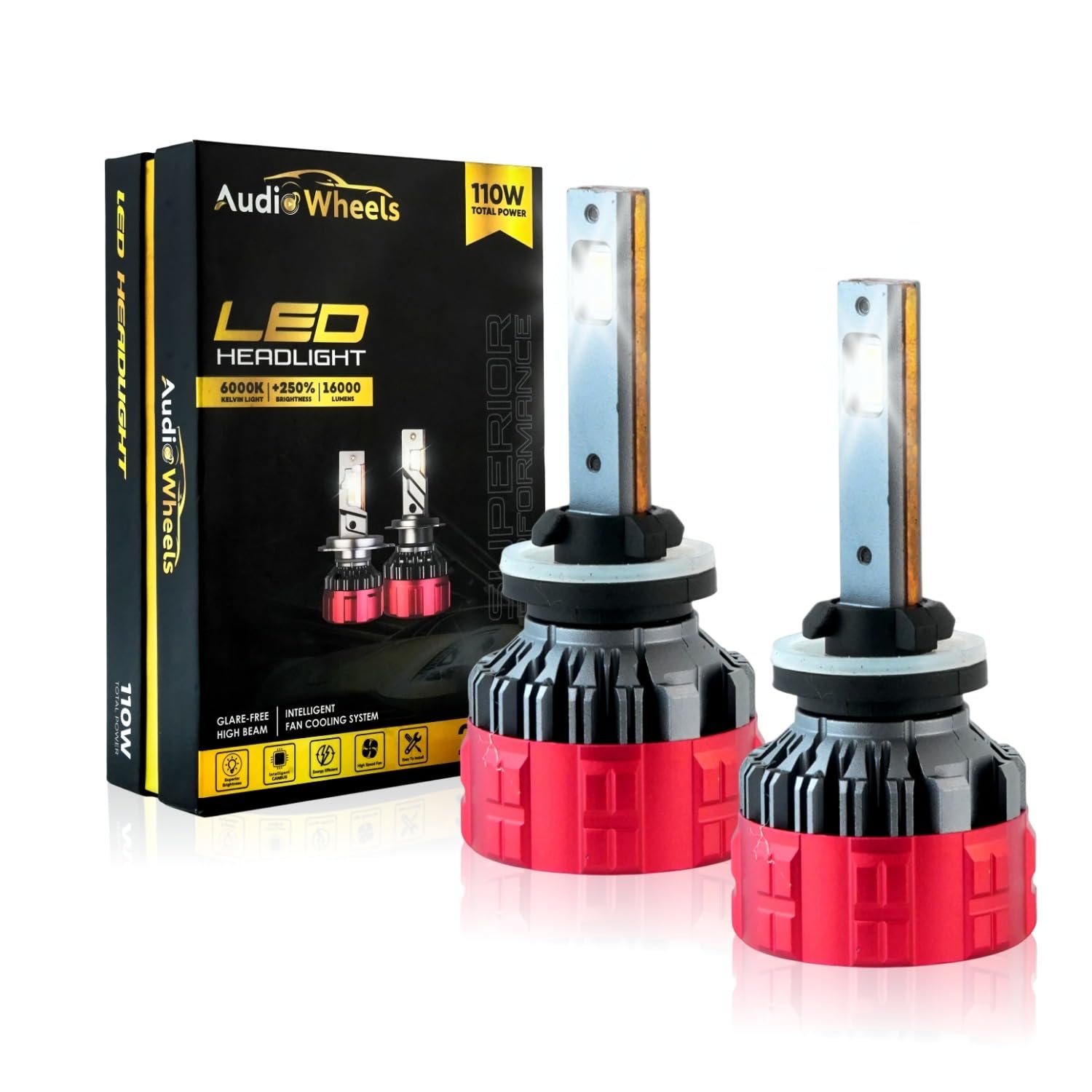 Audio Wheels H27-110W Car LED Headlight Bulbs, 16,000 Lumens Super Bright LED Headlight Conversion Kit for Cars 6000K Cool White Quick Installation Halogen Replacement