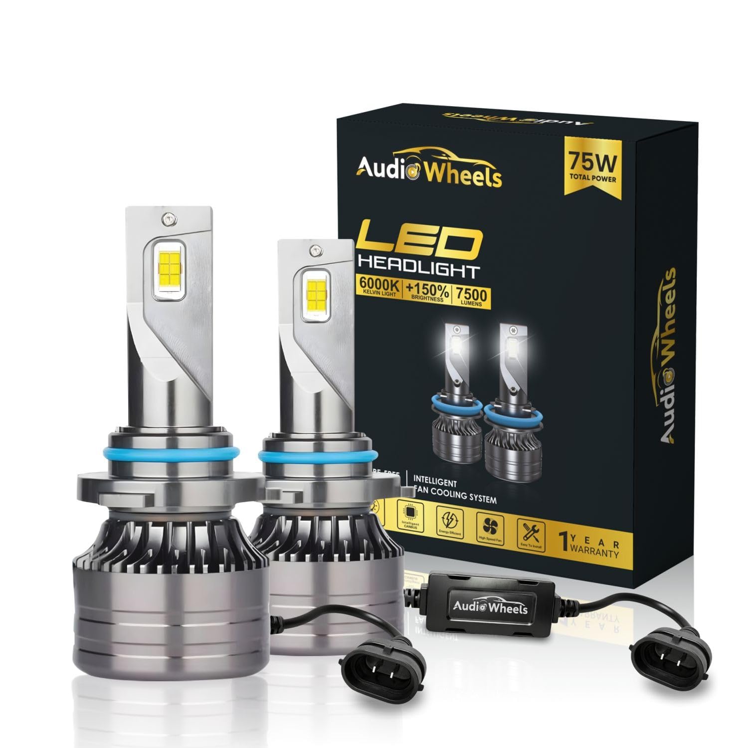 Audio Wheels 9005/HB3 75W LED Headlight with 6000K Cool White, 7500LM Brightness, Fan Cooling, Energy Efficient Design, IP67 Waterproof, Easy Plug & Play Installation