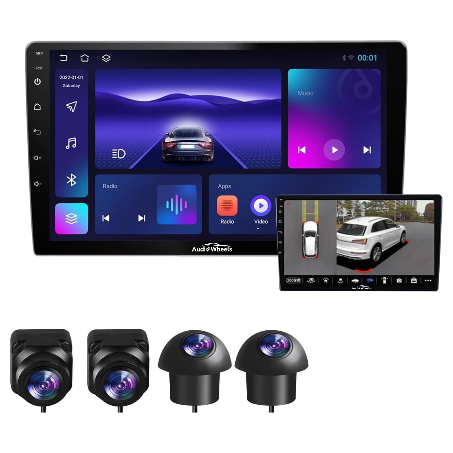 Audio Wheels 9 Inch Car Android/ iOS Multimedia Player with 360° Panoramic Camera | Touch Screen Full HD | 2GB+32GB | Quad Core Cortex-A53 | 1.3 Ghz | Wireless Carplay & Android Auto | Bluetooth, WiFi | Compatible with All Cars | 1 Year Warranty
