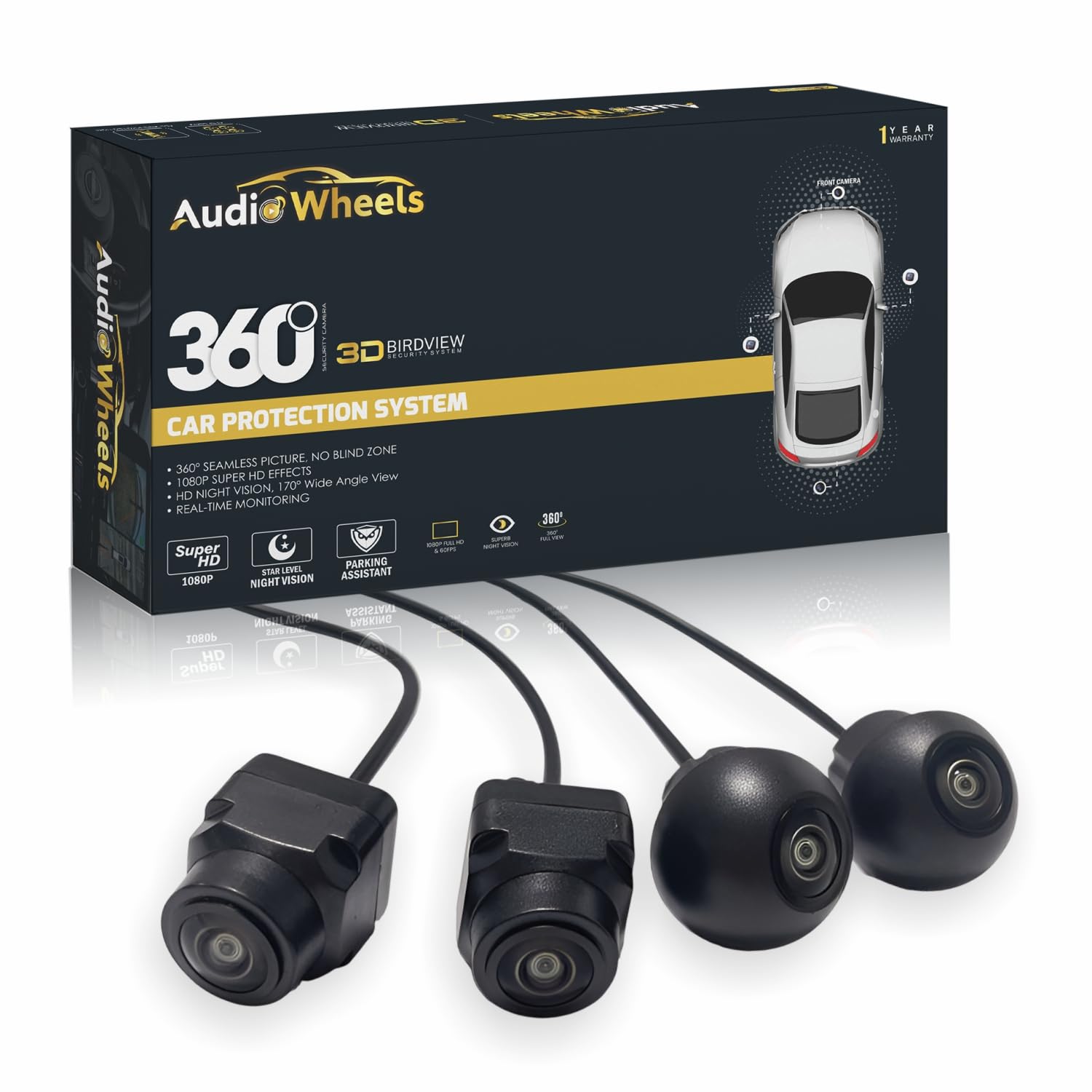 Audio Wheels Universal 360° 3D Bird View Car Security System - 1080P Full HD Surround Camera Kit with CMOS Sensor, Night Vision, Water-Resistant & Parking Assistant