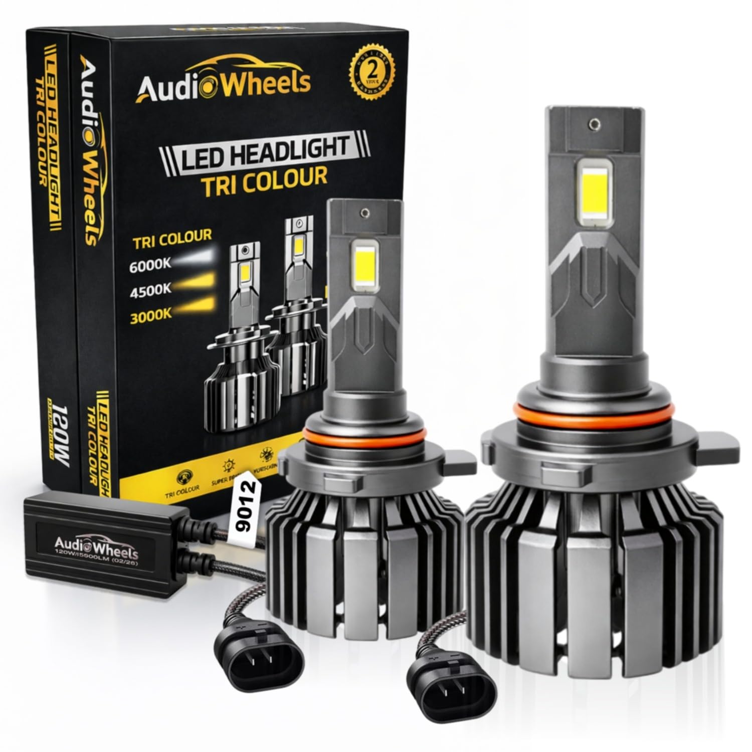 Audio Wheels 9012 LED Headlight Tri Colour, Single Beam 120W (15000LM) | 6000K/4300K/3000K | IP68 Waterproof Plug & Play Car Headlamp 12V/24V with Advanced Cooling | 2 Years Warranty