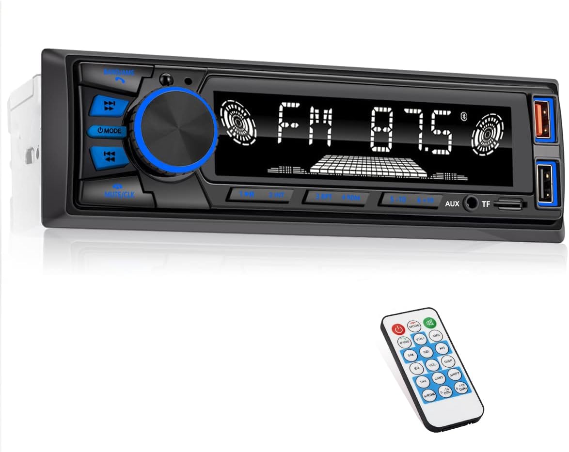 Audio Wheels Car Radio Bluetooth Single DIN Car Stereo Audio, Car Audio with Handsfree and Remote Control,Supports FM/ MP3/SD/AUX/Dua USB/EQ/Quick Charge | Not a CD Player