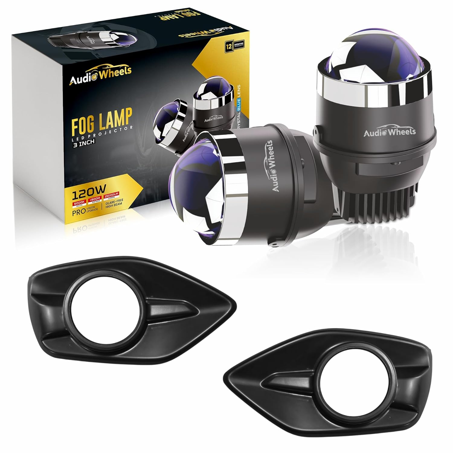 Audio Wheels 3 Inch LED Projector Fog Lamp with Cover - 120W, 6000K White (15000LM) with Blue Tint Film | 12V/24V Fog Light for Car & Vehicle Modification | For Maruti Suzuki Swift 2024