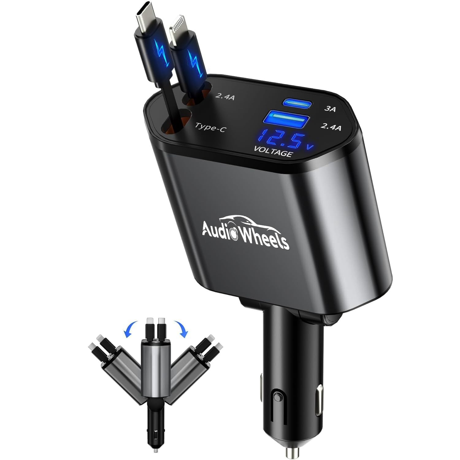 Audio Wheels Turbo 4-in-1 Retractable Car Charger | 120W Super Fast Charging | Universal Compatibility for Smartphones & Type-C | High-Speed 100W Charging | Durable ASB+PC Material | USB-C- 5V/3A.