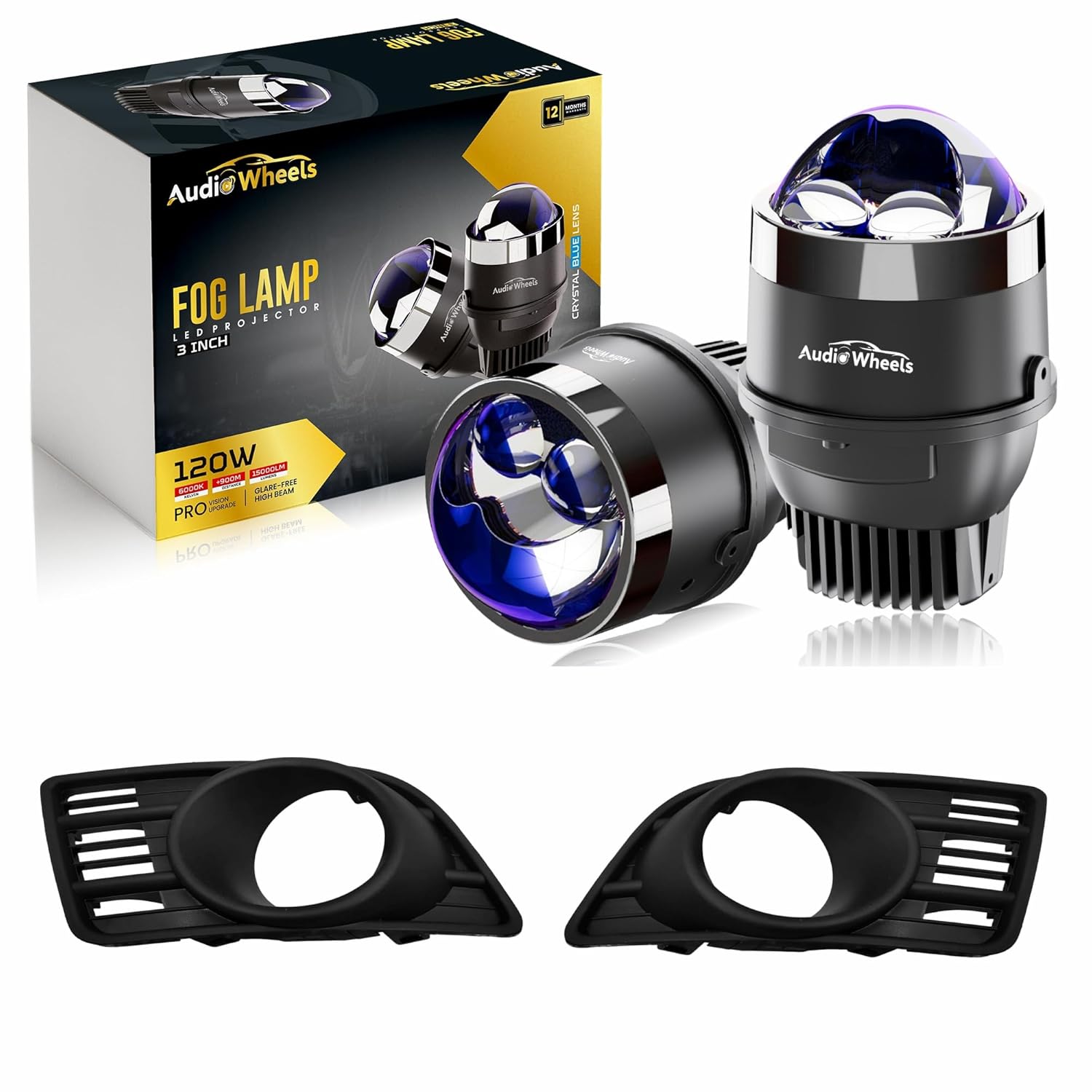 Audio Wheels 3 Inch LED Projector Fog Lamp with Cover - 120W, 6000K White  Dual-Beam  with Blue Tint Film  12V24V Fog Light for Car & Vehicle Modification  For Maruti Suzuki Swift 2010