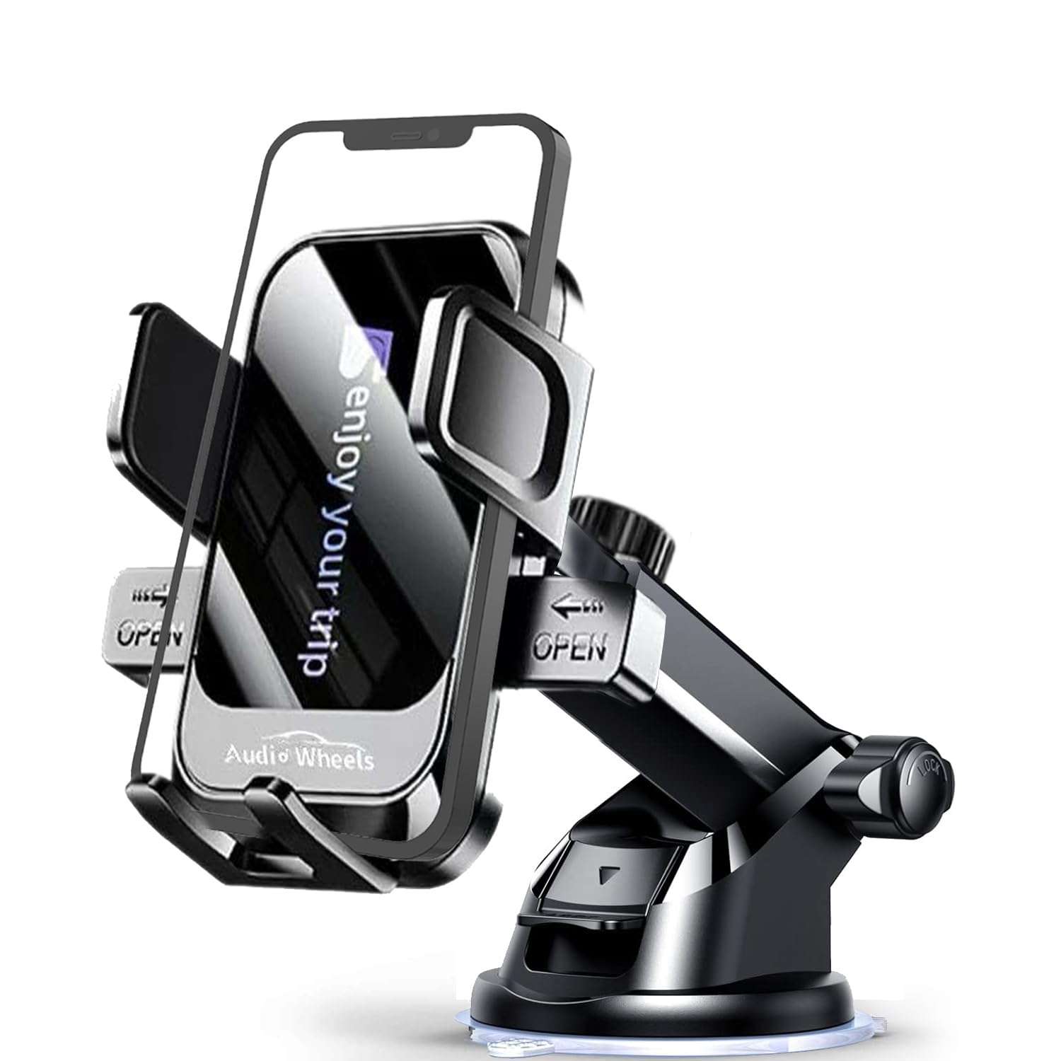 Audio Wheels Car Phone Holder 360° Rotation, Grip Go Series, Suction Cup Mount Auto Lock, Extendable Arm, Single-Handed Use, Shockproof Design Dashboard Accessories for Flexible Mobile Holder.