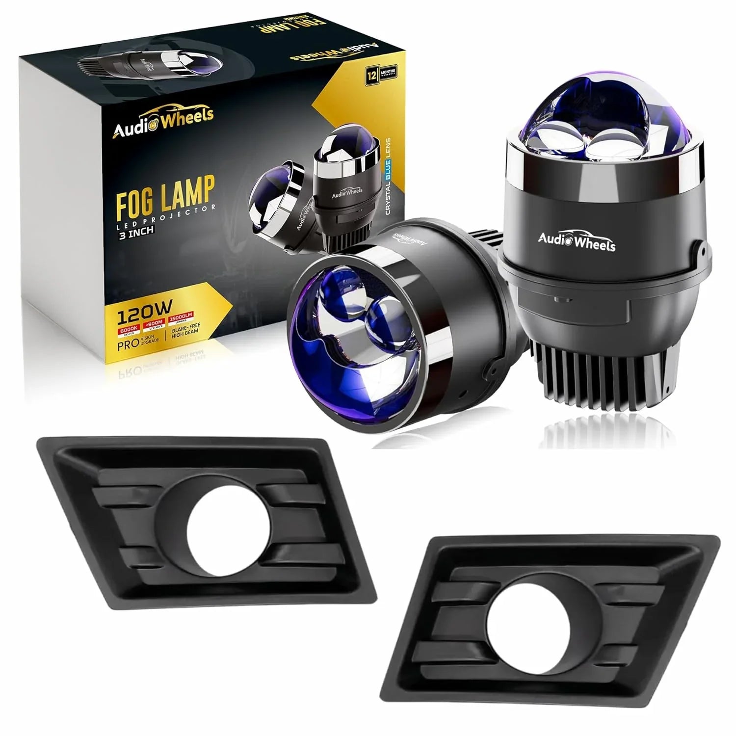 Audio Wheels 3" LED Projector Fog Lamp with Cover - 120W, 6000K White | Dual-Beam | with Blue Tint Film | 12V/24V Fog Light for Car & Vehicle Modification | For Hyundai Creta 2024