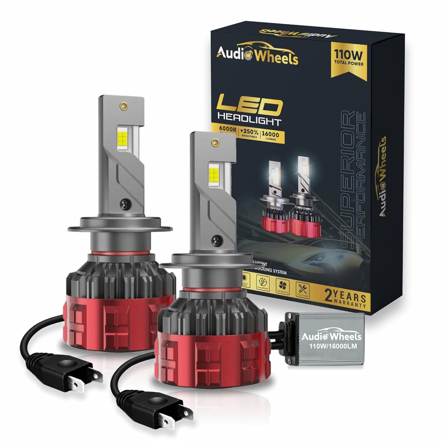 Audio Wheels H7-110W Car Led Headlight Bulbs,16,000 Lumens Super Bright LED Headlight Conversion Kit for Cars 6000K Cool White Quick Installation Halogen Replacement, Pack of 2