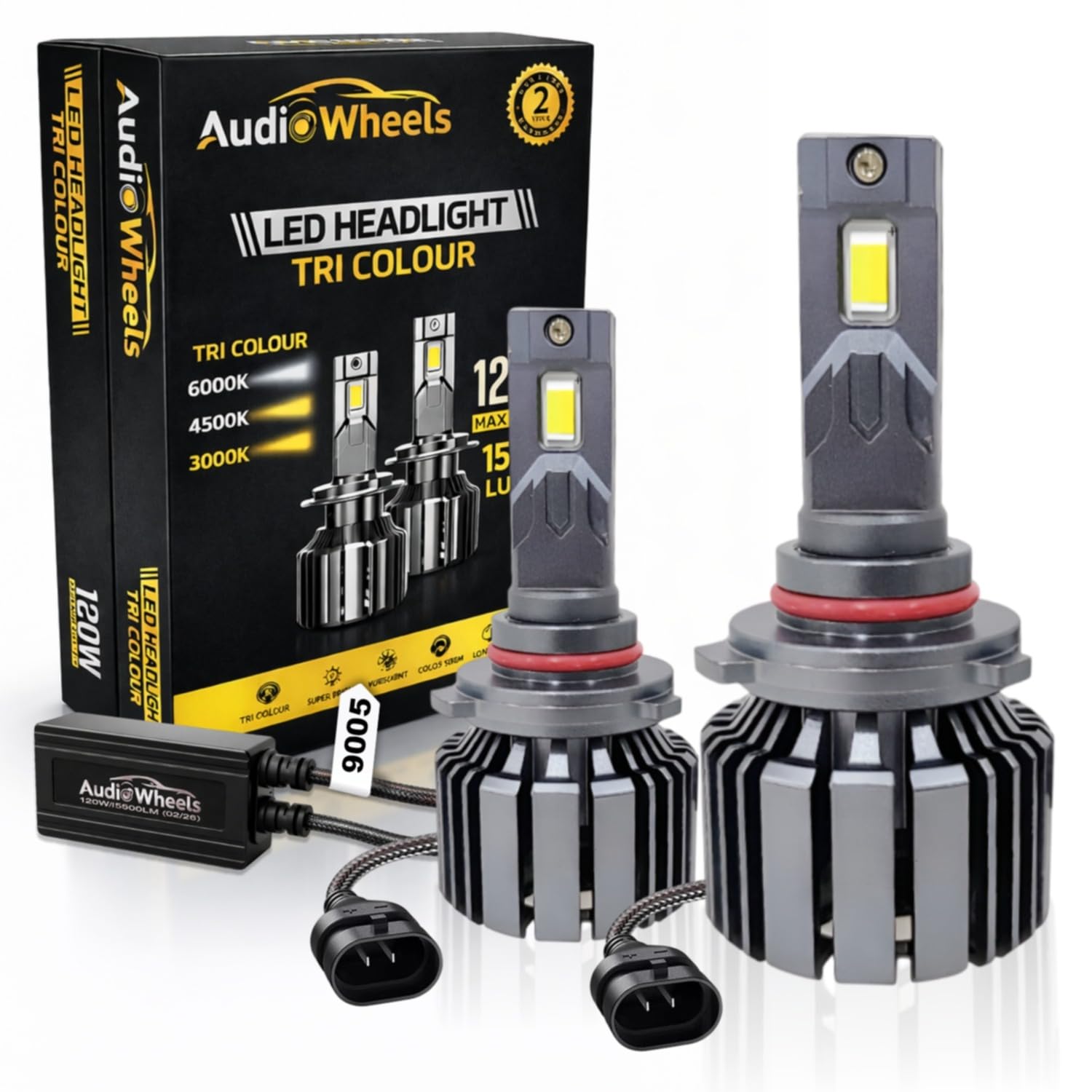Audio Wheels 9005/HB3 LED Headlight Tri Colour, Single Beam 120W (15000LM)  6000K4300K3000K  IP68 Waterproof Plug & Play Car Headlamp 12V24V with Advanced Cooling  2 Years Warranty