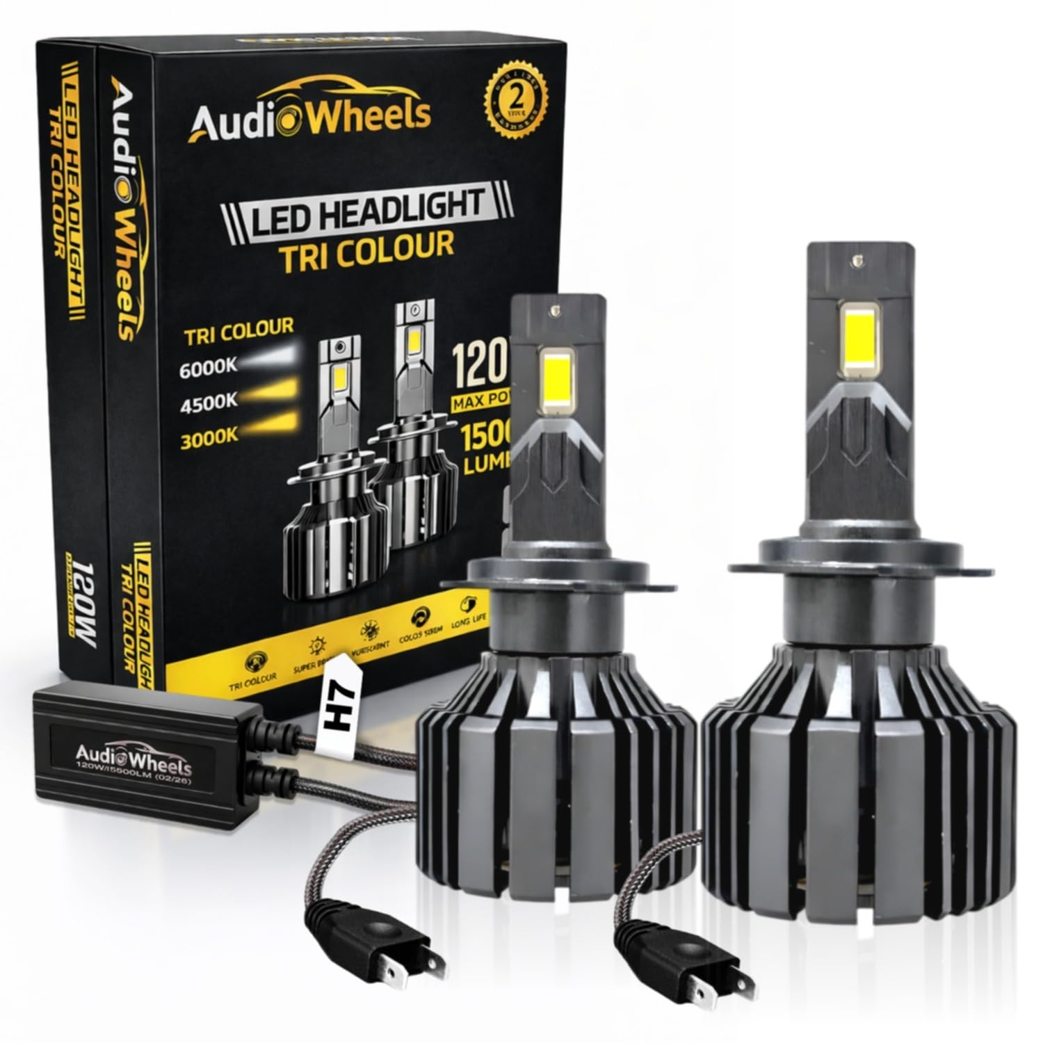 Audio Wheels Tri Colour LED Headlight H7/H18 Single Beam 120W (15000LM) | 6000K/4300K/3000K | IP68 Waterproof Plug & Play Car Headlamp 12V/24V with Advanced Cooling