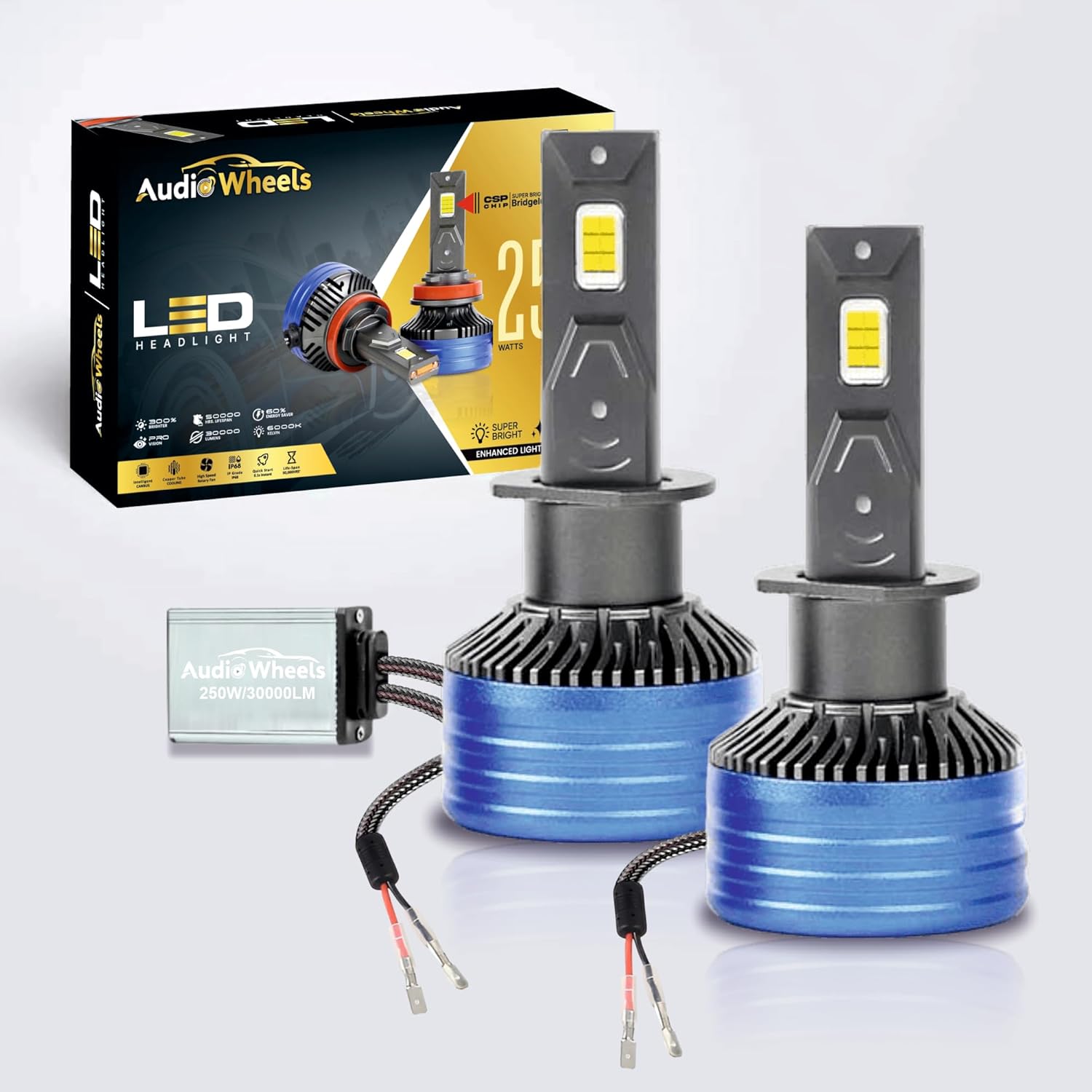 Audio Wheels H1-250W LED Headlight Bulbs – 30,000 Lumens Ultra-Bright, 6000K Cool White – IP68 Waterproof, Plug & Play Conversion Kit – 50,000+ Hrs, 2-Year Warranty