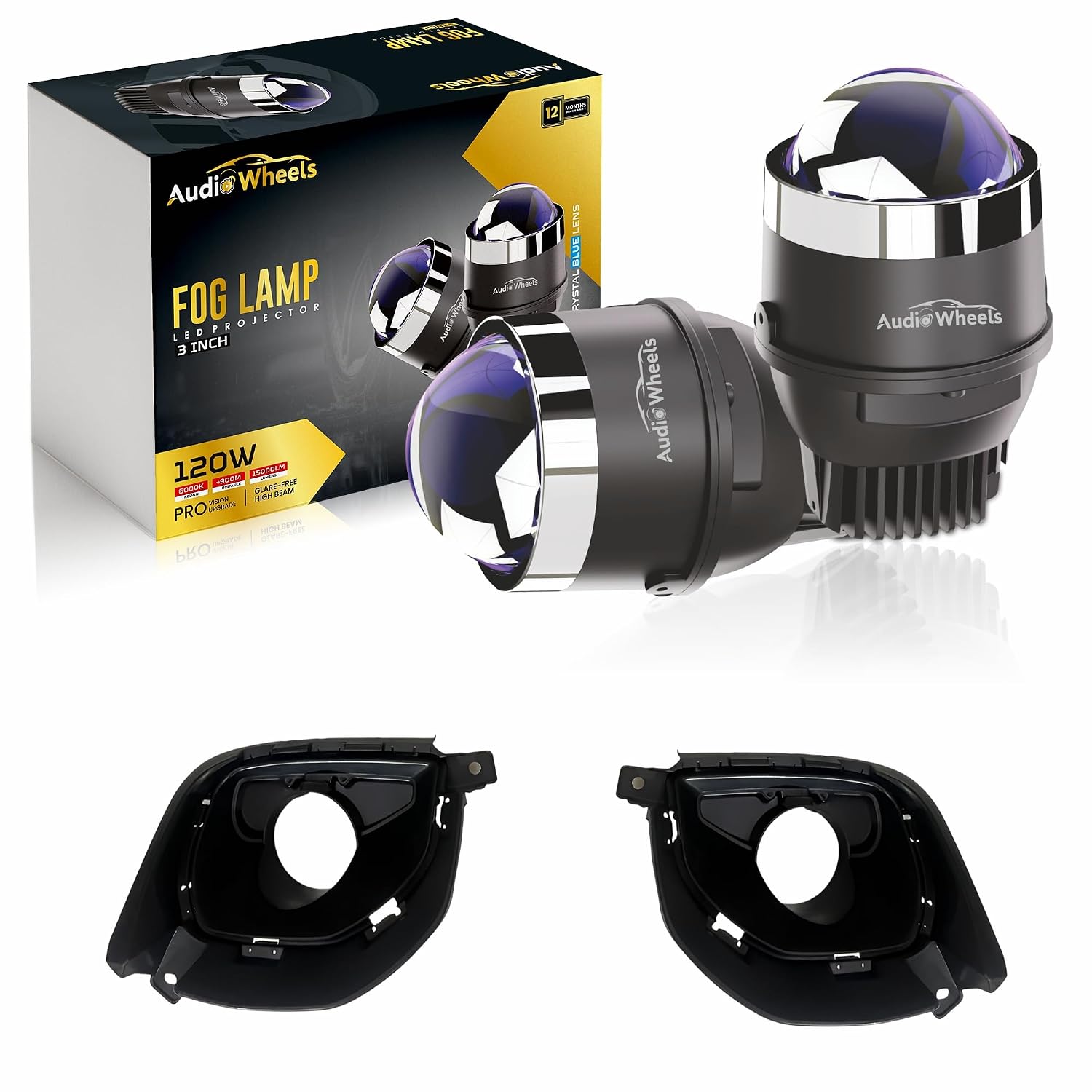 Audio Wheels 3 Inch LED Projector Fog Lamp with Cover - 120W, 6000K White (15000LM) | 12V/24V Fog Light for Car & Vehicle Modification | 1-Year Warranty | Compatible with Kia Seltos 2024