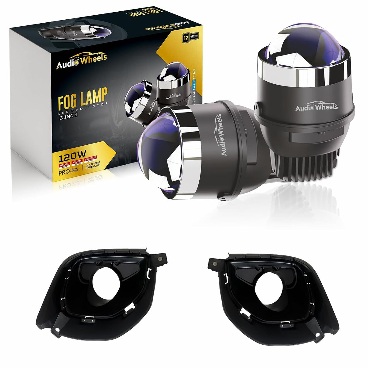 Audio Wheels 3 Inch LED Projector Fog Lamp with Cover - 120W, 6000K White (15000LM) | 12V/24V Fog Light for Car & Vehicle Modification | 1-Year Warranty | Compatible with Kia Seltos 2024