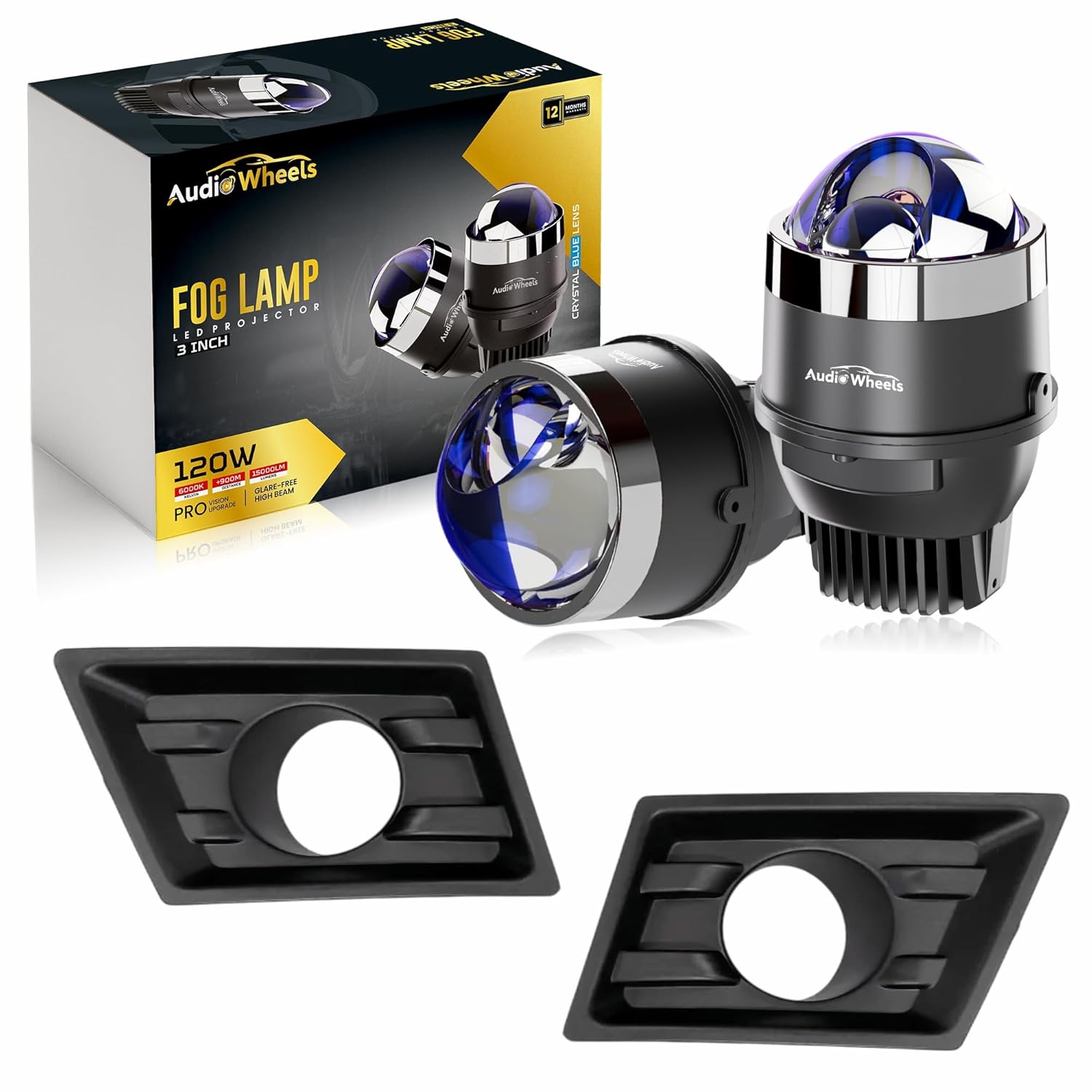 Audio Wheels 3 Inch LED Projector Fog Lamp with Cover - 120W, 6000K White | Single-Beam | with Blue Tint Film | 12V/24V Fog Light for Car & Vehicle Modification | For Hyundai Creta 2024