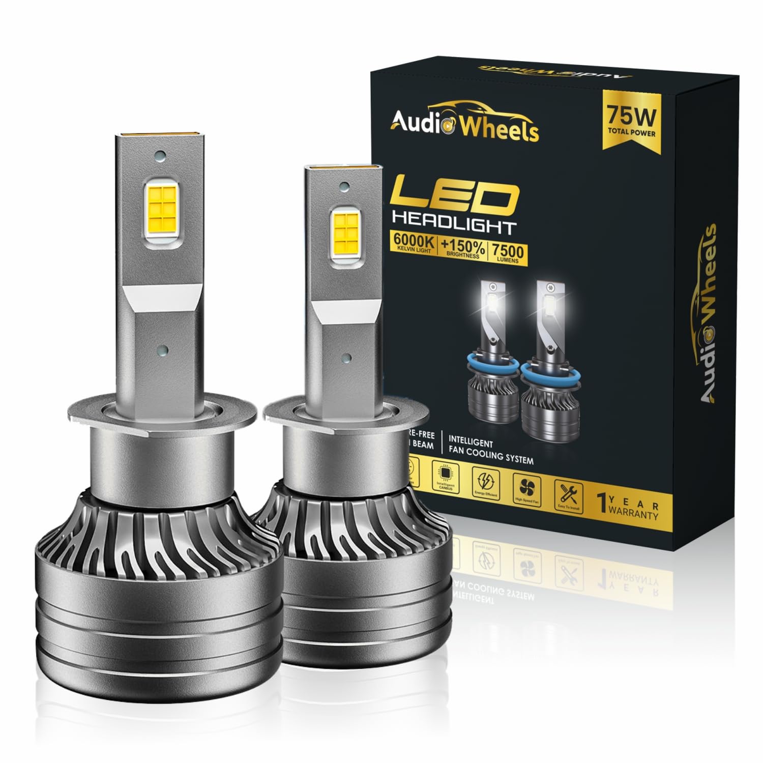 Audio Wheels H1-75W LED Headlight Bulbs – 75,00LM, 6000K Cool White, IP68 Waterproof, 1-Year Warranty, Super Bright Automotive Headlights (Pack of 2)