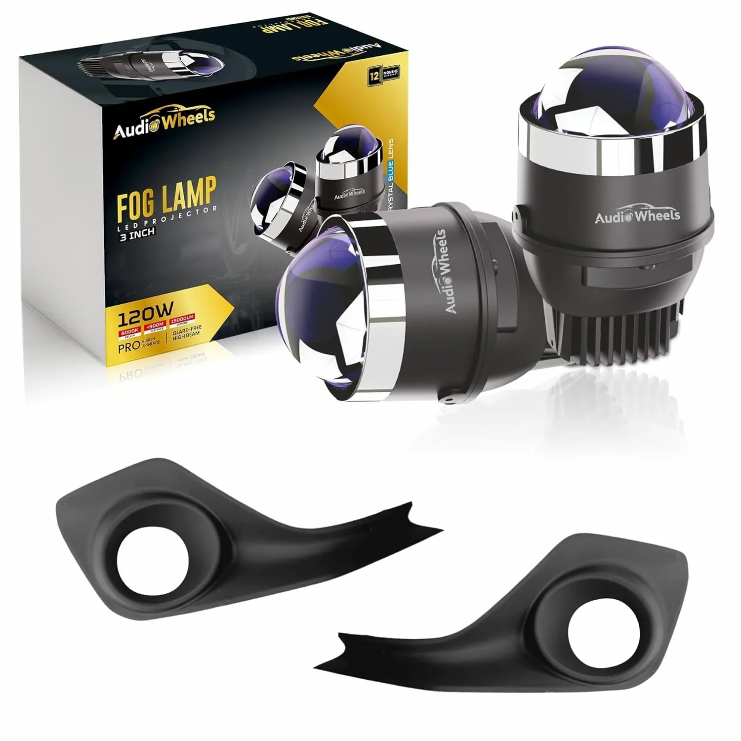 Audio Wheels 3" LED Projector Fog Lamp with Cover - 120W, 6000K White (15000LM) with Blue Tint Film | 12V/24V Fog Light for Car & Vehicle Modification | For Maruti Suzuki Swift 2018 - Audio Wheels