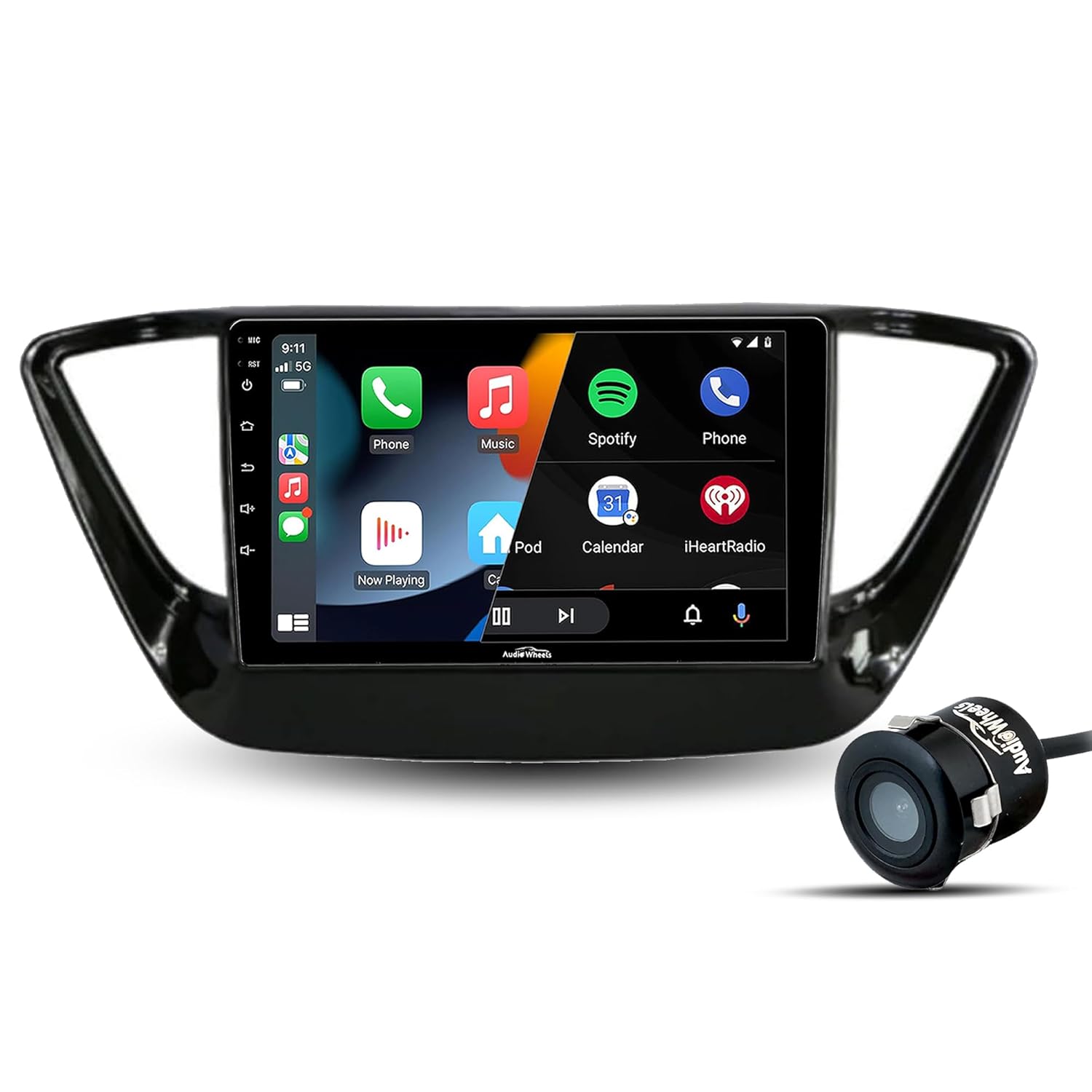 Audio Wheels Wireless CarPlay & Stereo Auto 9inch 1280P Car Android Display with Gorilla Glass | Android 13 | TS-9 Processor | 2GB & 32GB-Frame Included-AHD Camera (Hyundai Verna 2017+)