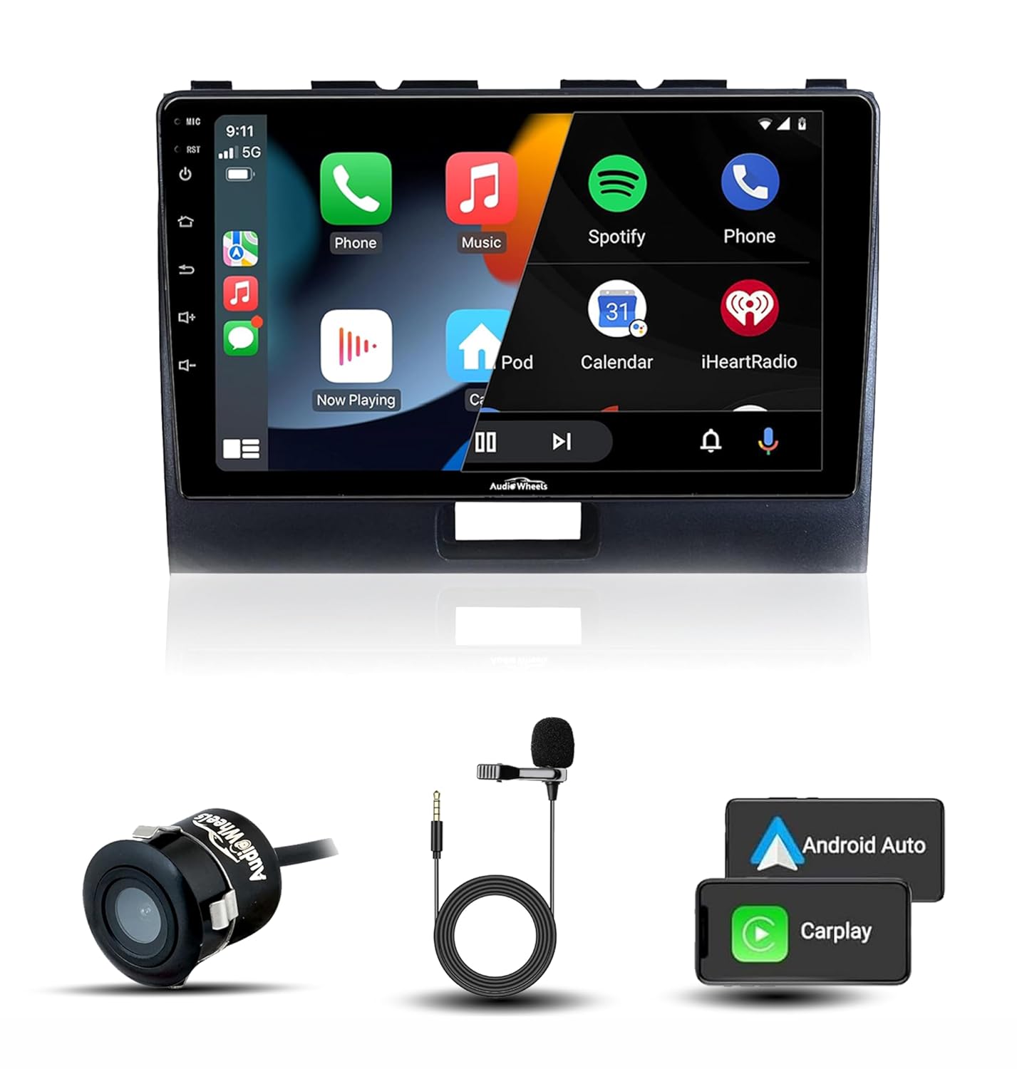 Audio Wheels Maruti WagonR-2016 9-Inch 1280P IPS Android 2/32 Car Display with Gorilla Glass - Double Din Car Stereo, Android 13,+ AHD Camera & Dashboard Frame (Maruti WagonR)