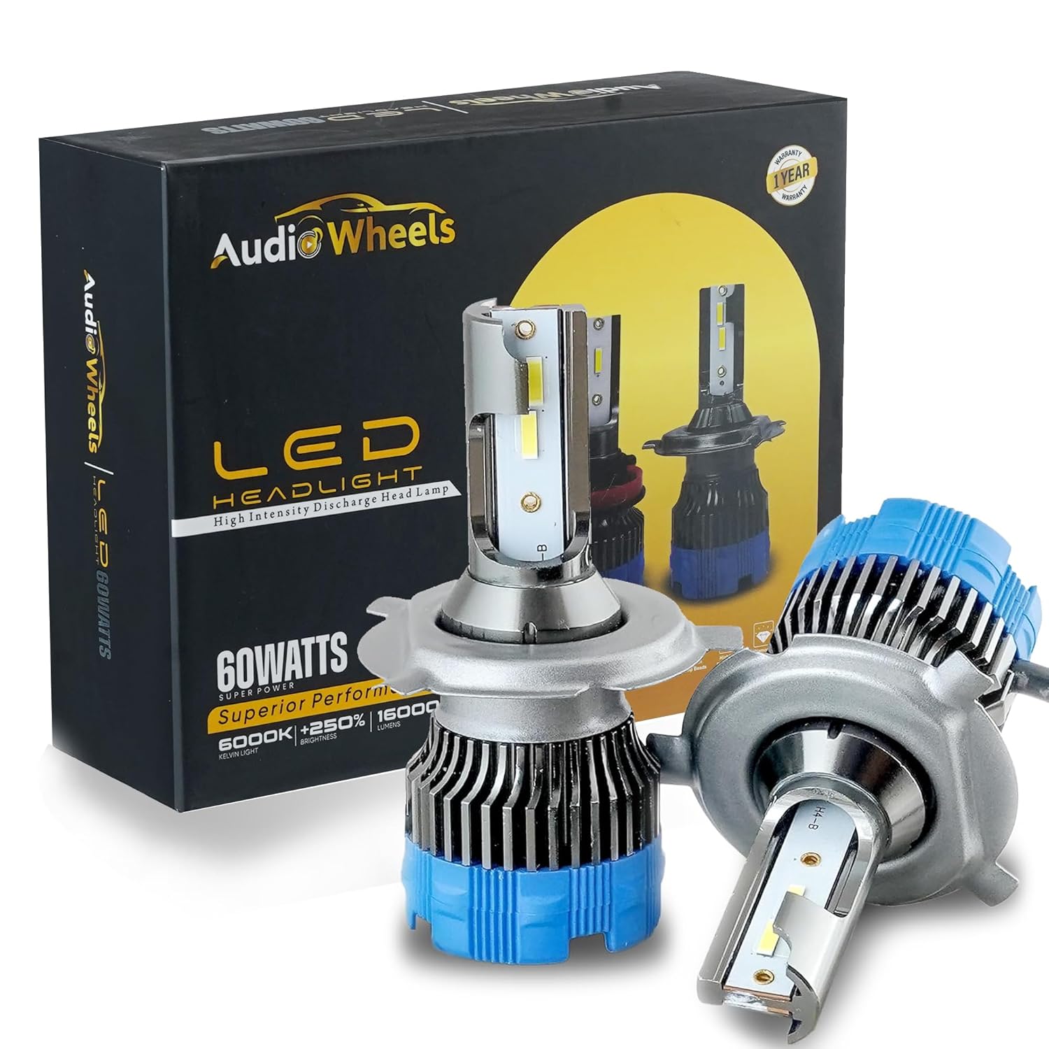 Audio Wheels H4 LED Headlight Bulbs – 60W, 16,000 Lumens, 6000K Cool White  HighLow Beam Conversion Kit for Cars  Super Bright, Quick Installation  Pack of 2 with 1-Year Warranty
