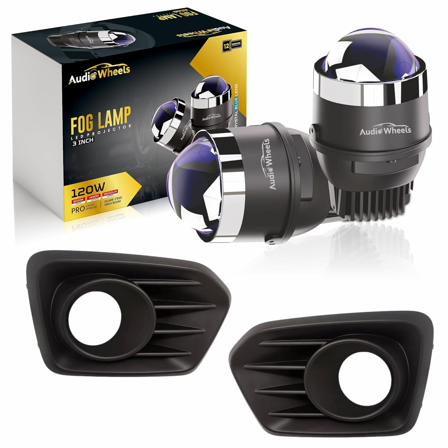 Audio Wheels 3 Inch LED Projector Fog Lamp with Cover - 120W, Tri-Color (WhiteWarmYellow)  with Blue Tint Film  12V24V Fog Light for Car & Vehicle Modification  For Maruti Suzuki Brezza 2021