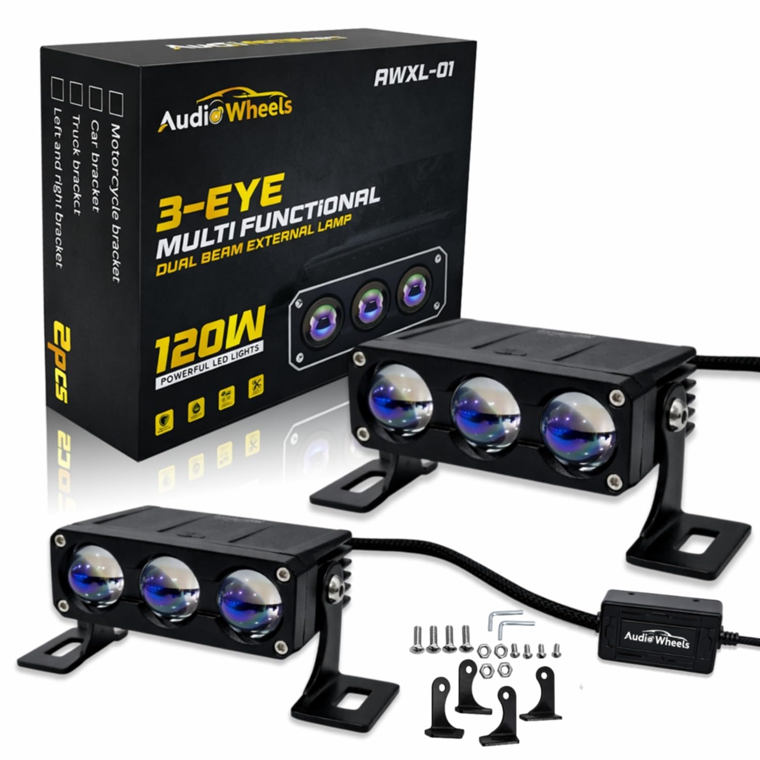 Audio Wheels 3 Eye Multifunctional Dual Beam External Lamp, Auxiliary Light, 120W Power Supply, White & Yellow Light, 20,000 Lumens, Heavy-Duty Aluminum, IP67 Waterproof, Universal Fit