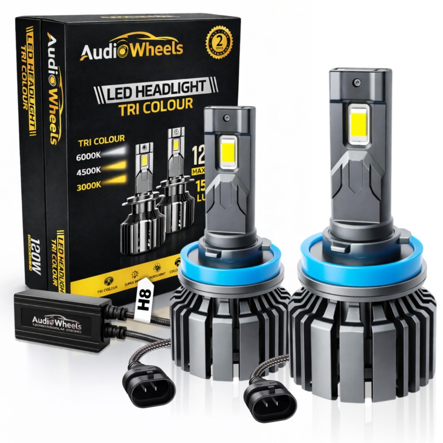 Audio Wheels H8/H11 LED Headlight Tri Colour, Single Beam 120W (15000LM) | 6000K/4300K/3000K | IP68 Waterproof Plug & Play Car Headlamp 12V/24V with Advanced Cooling | 2 Years Warranty