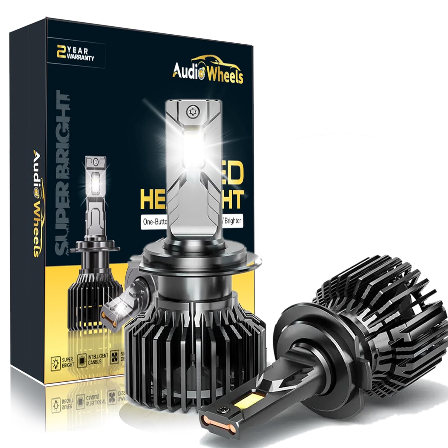 Audio Wheels H7 LED Headlight Bulbs – 160W High-Performance Lighting, 16,000 Lumens Brightness, 6000K Cool White Glow, Quick and Easy Installation for Enhanced Nighttime Visibility.