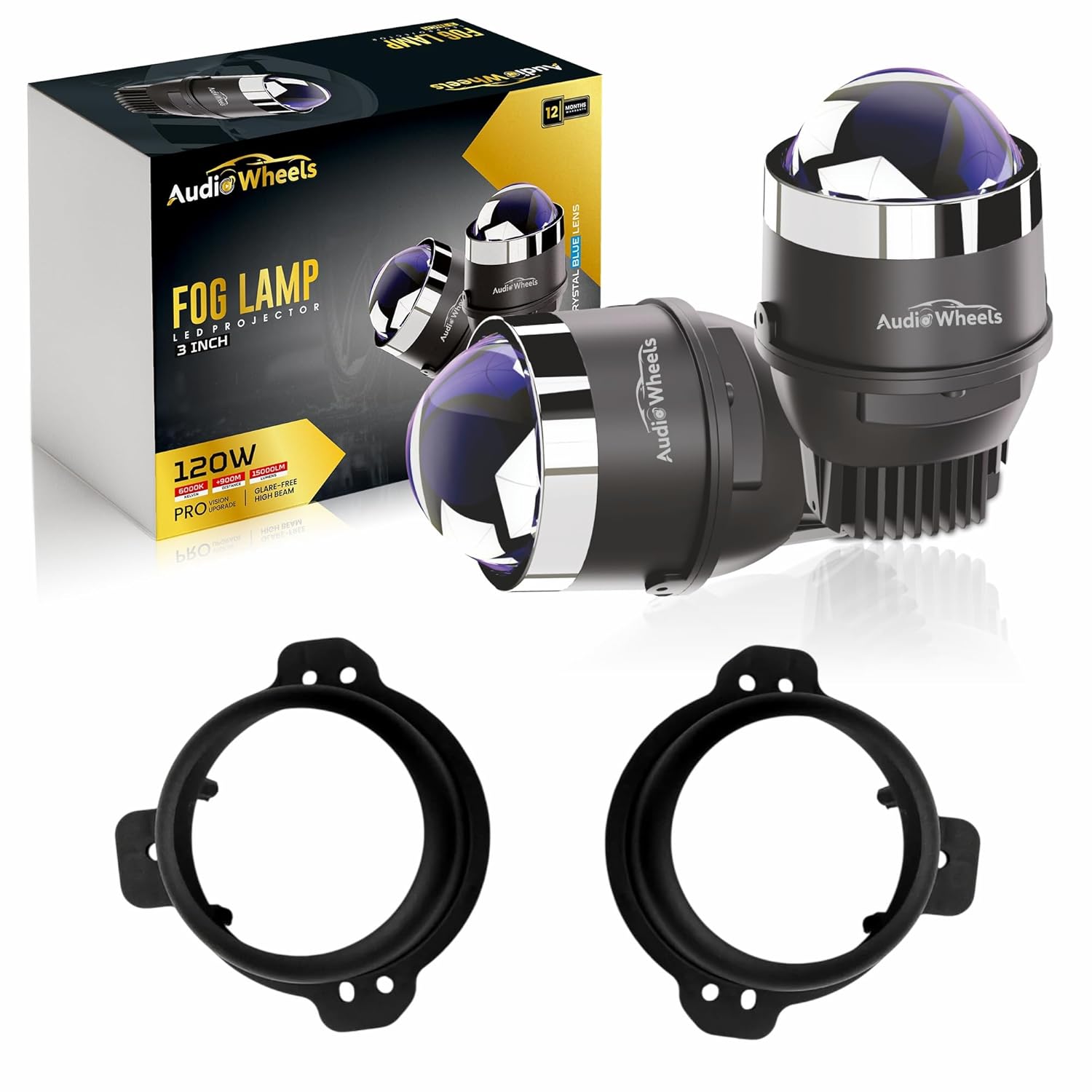 Audio Wheels 3 Inch LED Projector Fog Lamp with Cover - 120W, Tri-Color (White/Warm/Yellow) | with Blue Tint Film | 12V/24V Fog Light for Car & Vehicle Modification | For Mahindra Thar 2020