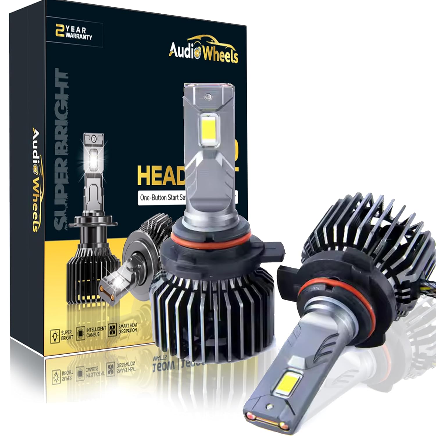 Audio Wheels 9005 LED Headlight Bulbs – 160W High-Performance Lighting, 16,000 Lumens Brightness, 6000K Cool White Glow for Maximum Visibility and Quick Installation.