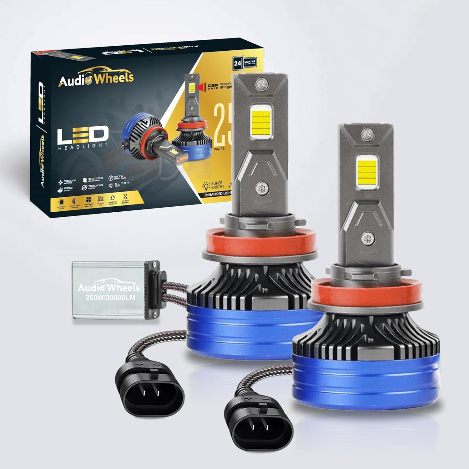 Audio Wheels H8/H11-250W LED Headlight Bulbs – 30,000 Lumens Ultra-Bright, 6000K Cool White, IP68, Quick Pro Vision LED Conversion Kit – Easy Installation, 2-Year Warranty, 50000+ Hrs Lifespan