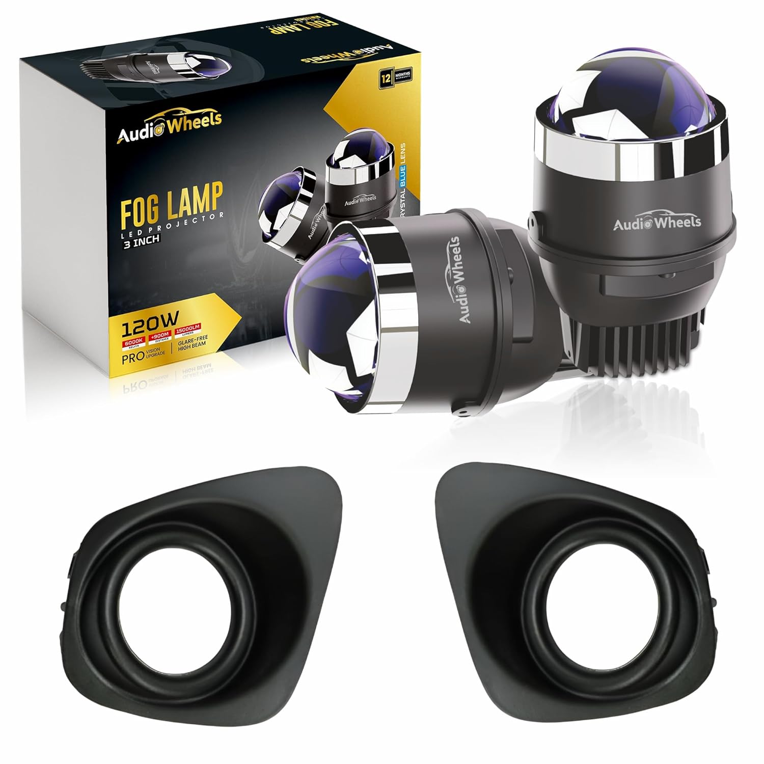 Audio Wheels 3 Inch LED Projector Fog Lamp with Cover - 120W, Tri-Color (White/Warm/Yellow) | with Blue Tint Film | 12V/24V Fog Light for Car & Vehicle Modification | For Maruti Suzuki WagonR 2020