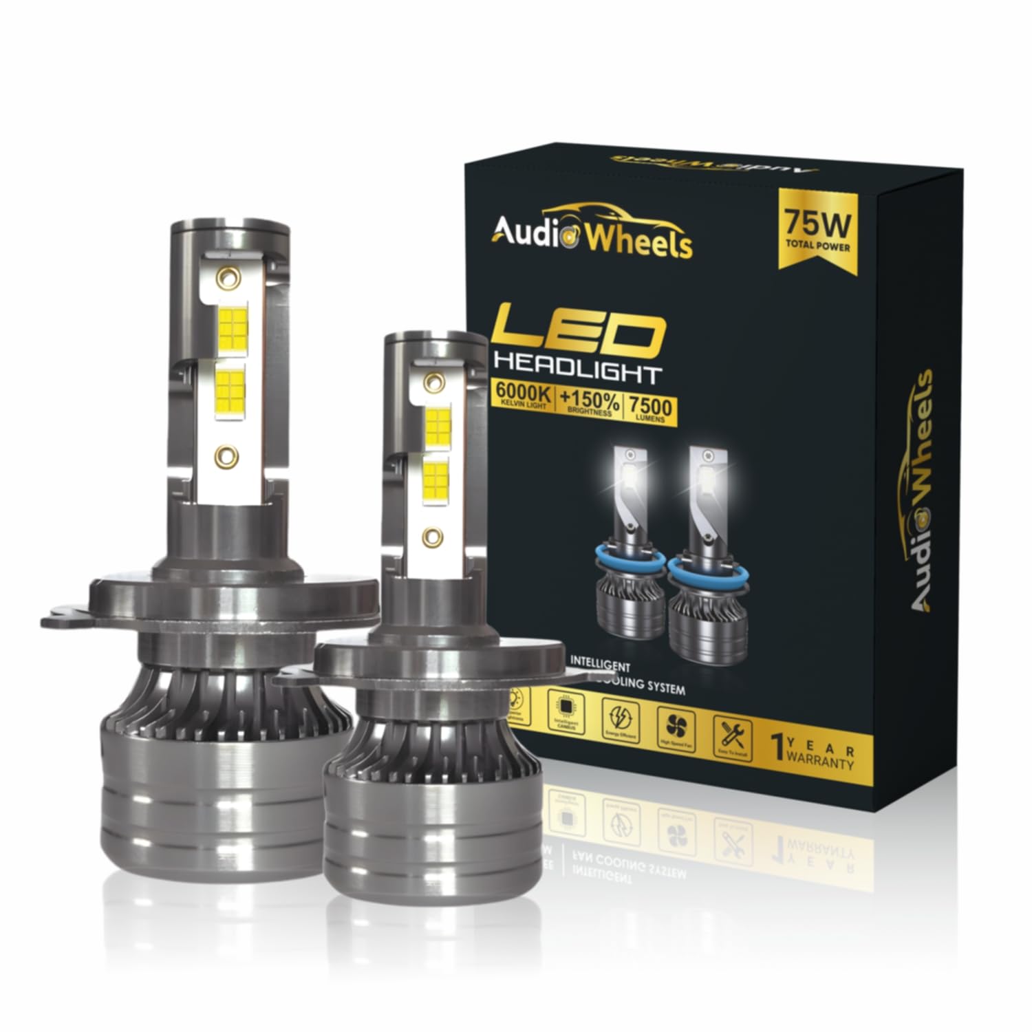 Audio Wheels H4/H19 75W LED Headlight Bulbs – 75,00LM, 6000K Cool White, IP68 Waterproof, 1-Year Warranty, Super Bright Automotive Headlights (Pack of 2)