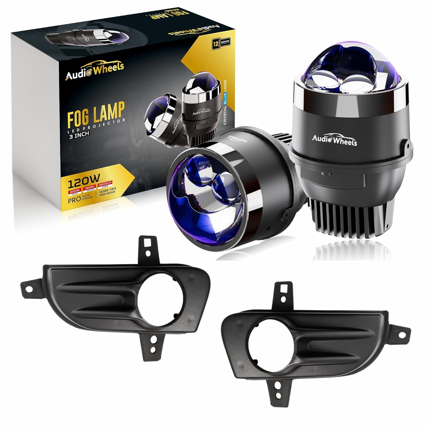 Audio Wheels 3 Inch LED Projector Fog Lamp with Cover - 120W, 6000K White | Dual-Beam | 12V/24V Fog Light for Car & Vehicle Modification | Compatible with Mahindra Bolero Neo & Scorpio