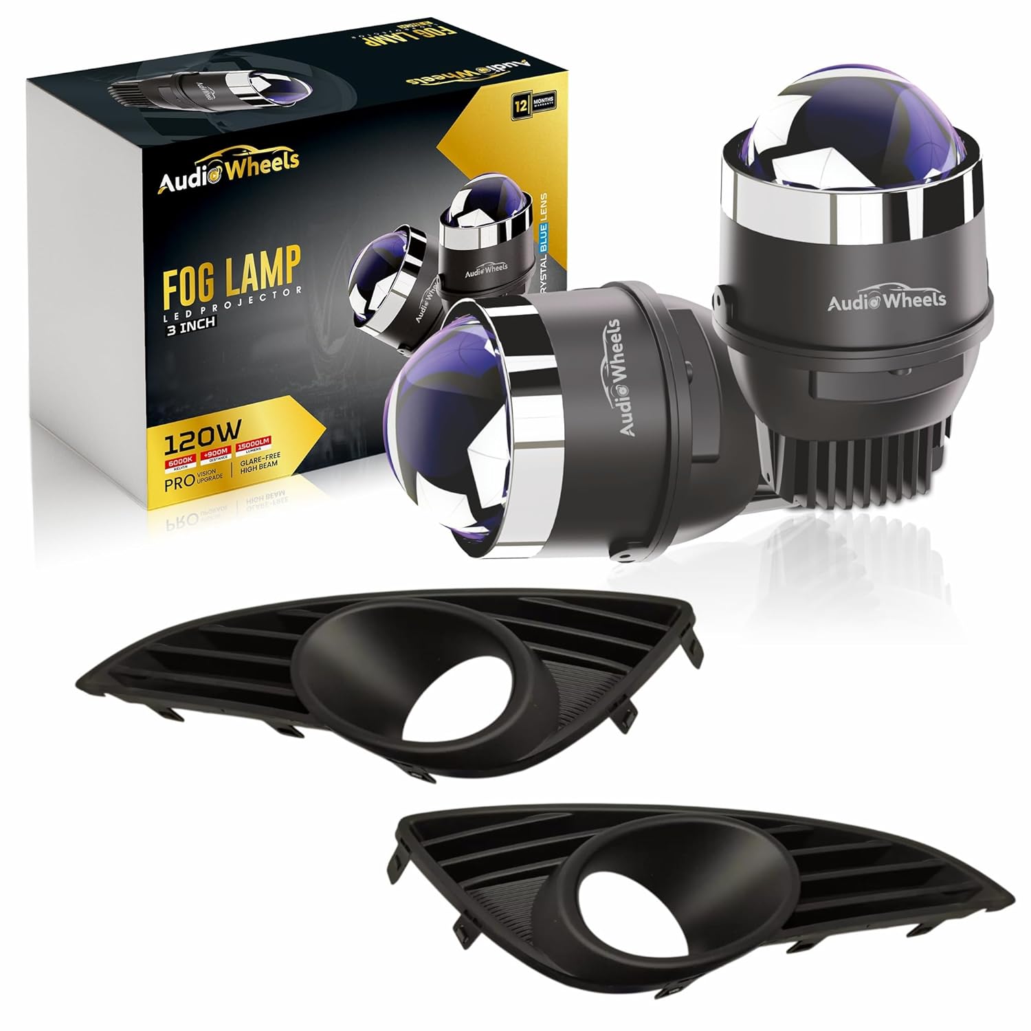 Audio Wheels 3 Inch LED Projector Fog Lamp with Cover - 120W, Tri-Color (White/Warm/Yellow) | with Blue Tint Film | 12V/24V Fog Light for Car & Vehicle Modification | For Maruti Suzuki Ritz 2012