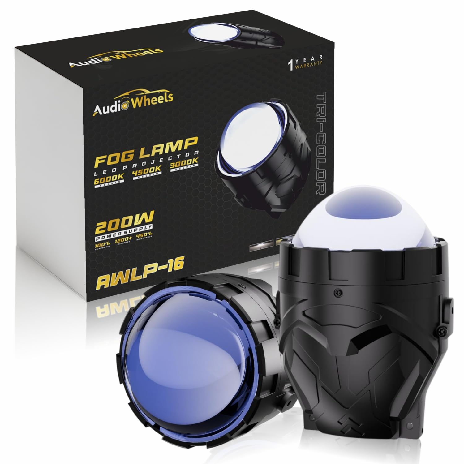 Audio Wheels AWLP-16 Tri-Color LED Projector Fog Lamp  200W High-Intensity  3000K Yellow  4500K Warm White  6000K White  Premium Metal Housing  1-Year Warranty