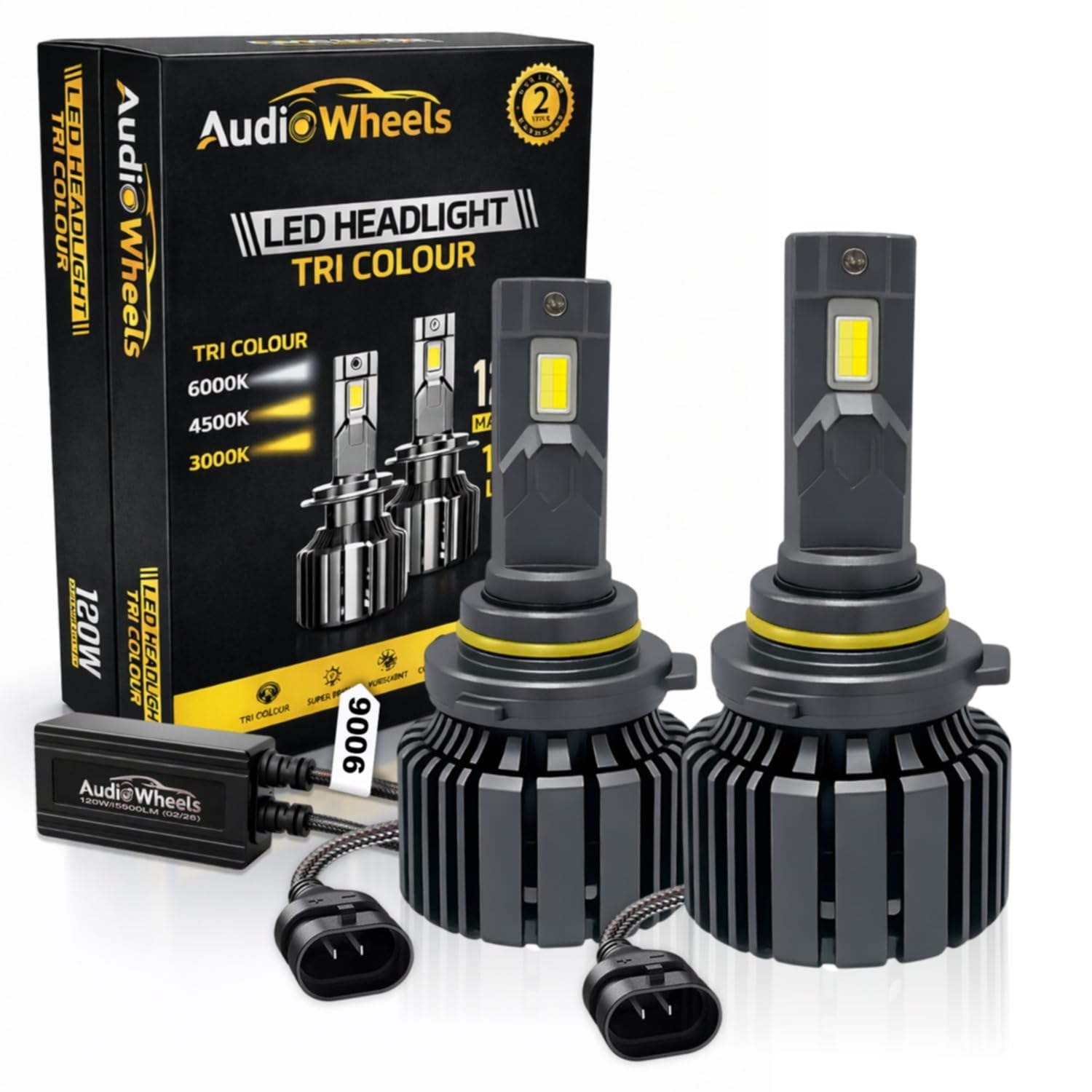 Audio Wheels 9006 Tri Colour LED Headlight Single Beam 120W (15000LM) | 6000K/4300K/3000K | IP68 Waterproof Plug & Play Car Headlamp 12V/24V with Advanced Cooling