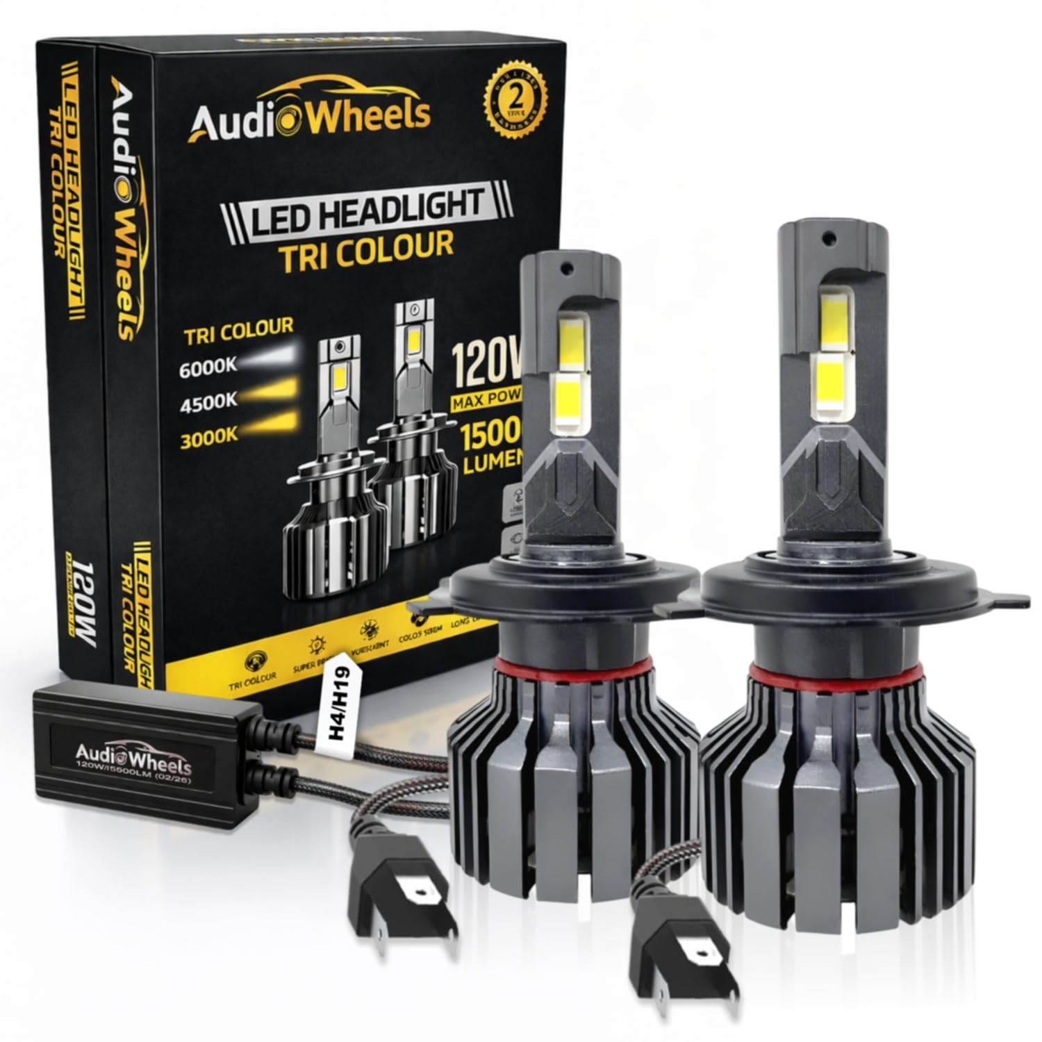 Audio Wheels H4/H19 LED Headlight 120W - Dual Beam (High & Low Beam)  Tri Colour (6000K4300K3000K)  15000 Lumens  IP68 Waterproof  Plug & Play Car Halogen Bulb Replacement Lamp