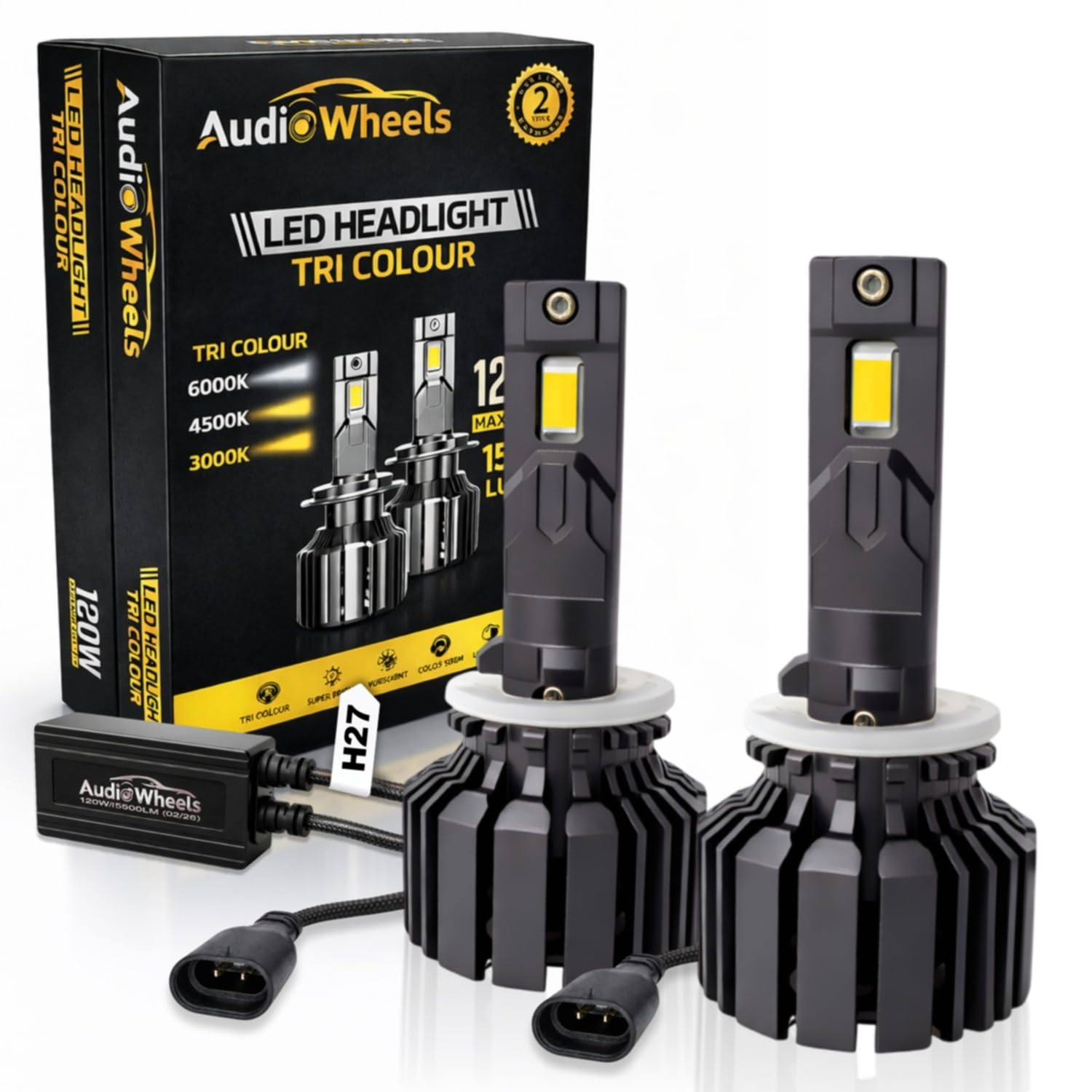 Audio Wheels Tri Colour LED Headlight H27 Single Beam 120W (15000LM) | 6000K/4300K/3000K | IP68 Waterproof Plug & Play Car Headlamp 12V/24V with Advanced Cooling