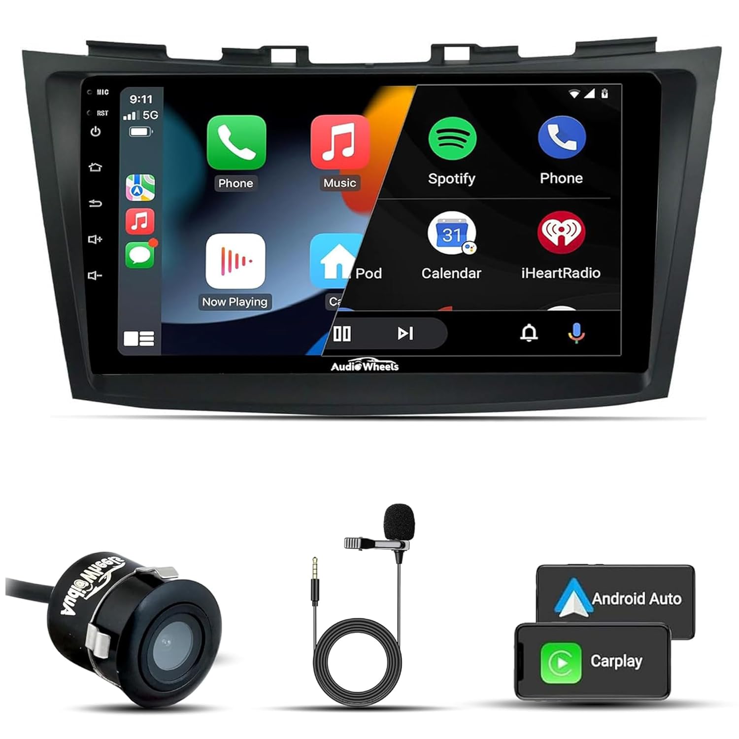 Audio Wheels 9 Inch Android 13 Car Stereo for Maruti Swift 2011–17 | 2GB+32GB | 1280P IPS Display | Gorilla Glass | AHD Reverse Camera | with Dashboard Frame
