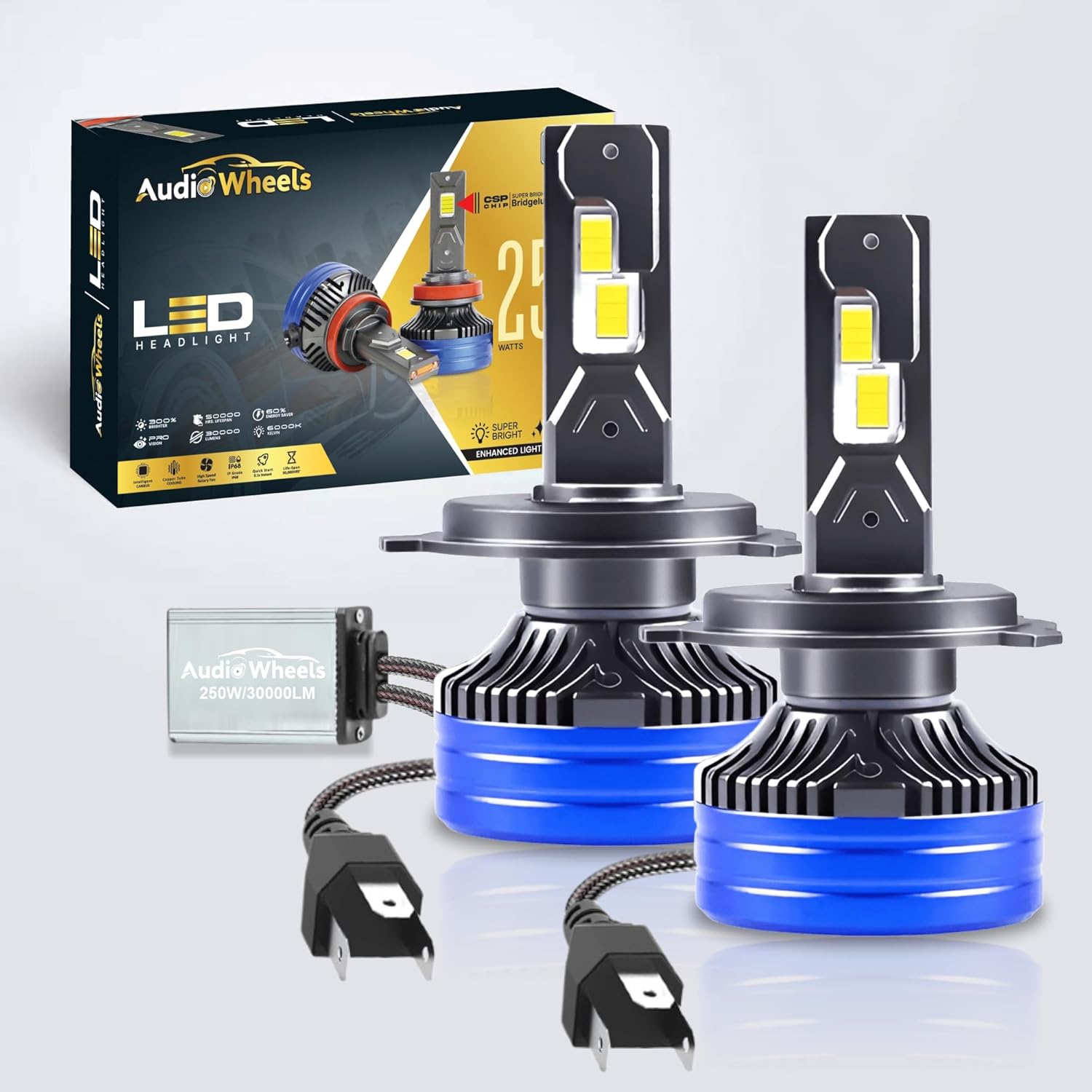 Audio Wheels H4/H19-250W LED Headlight Bulbs – 30,000 Lumens Ultra-Bright, 6000K Cool White – IP68 Waterproof, Plug & Play Conversion Kit – 50,000+ Hrs, 2-Year Warranty