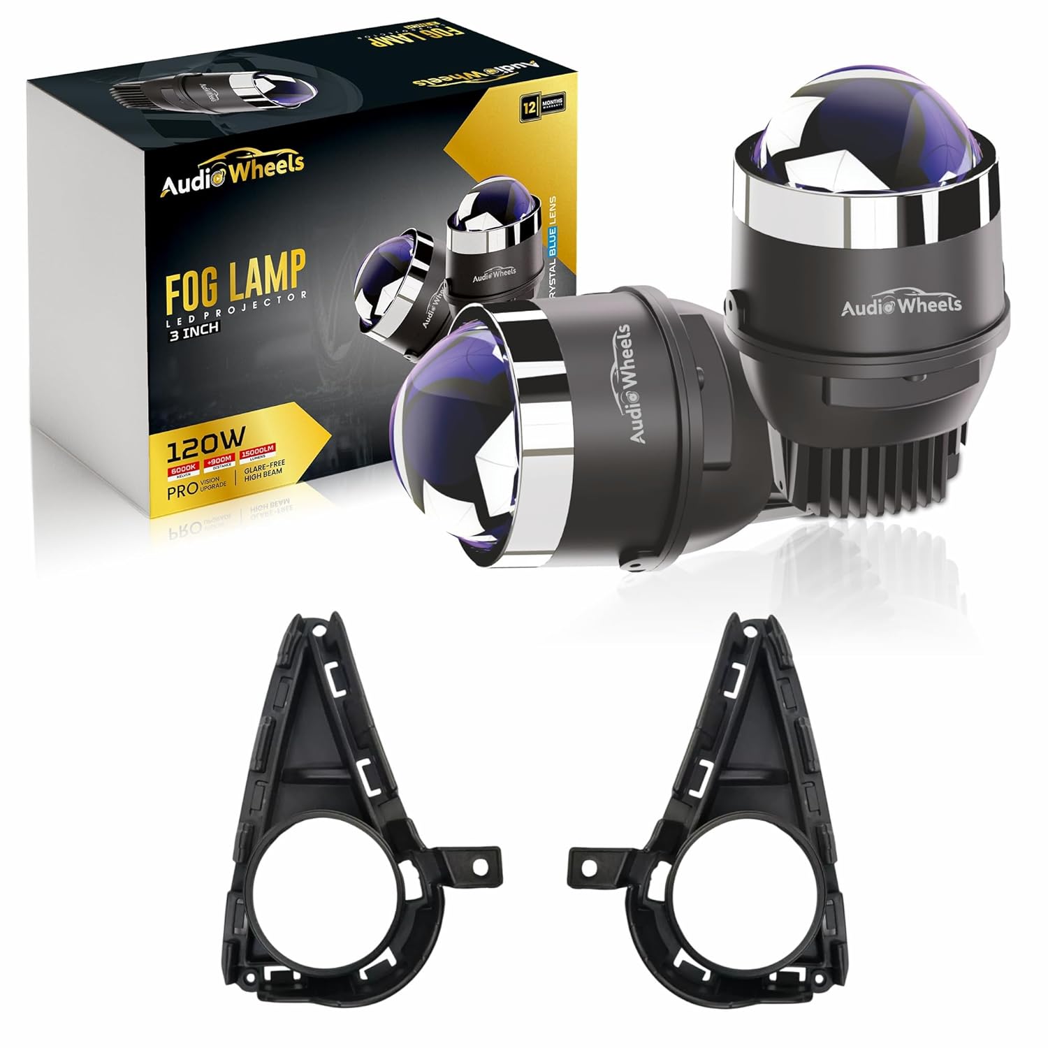 Audio Wheels 3 Inch LED Projector Fog Lamp with Cover - 120W, Tri-Color (White/Warm/Yellow) | with Blue Tint Film | 12V/24V Fog Light for Car & Vehicle Modification | For Hyundai Grand i10 Nios.
